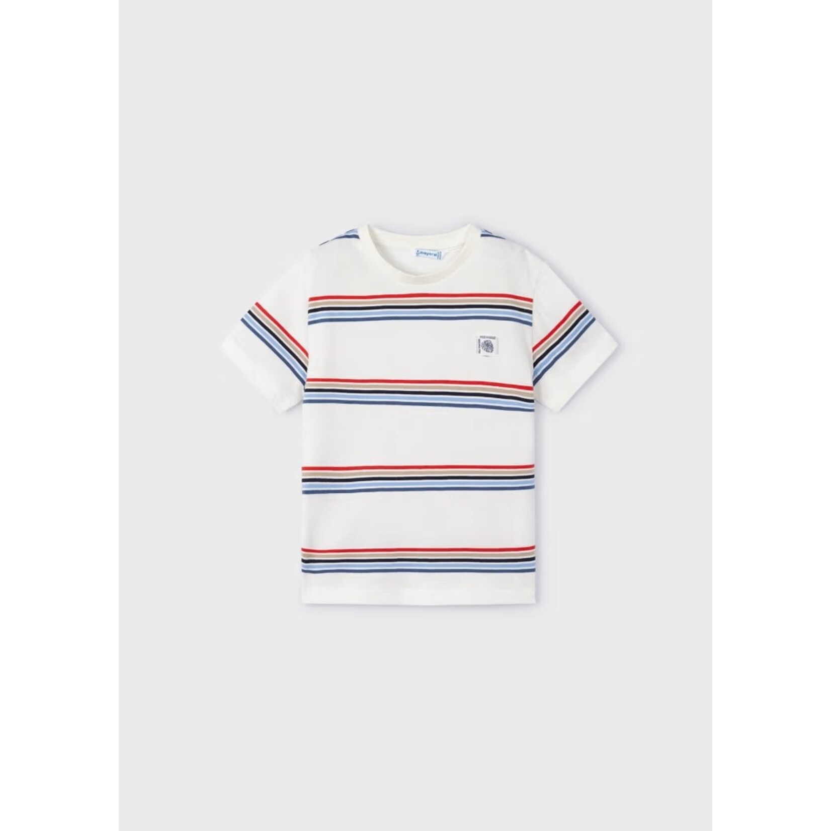 Mayoral MAYORAL - White Short Sleeve T-Shirt with Thin Blue and Red Stripes