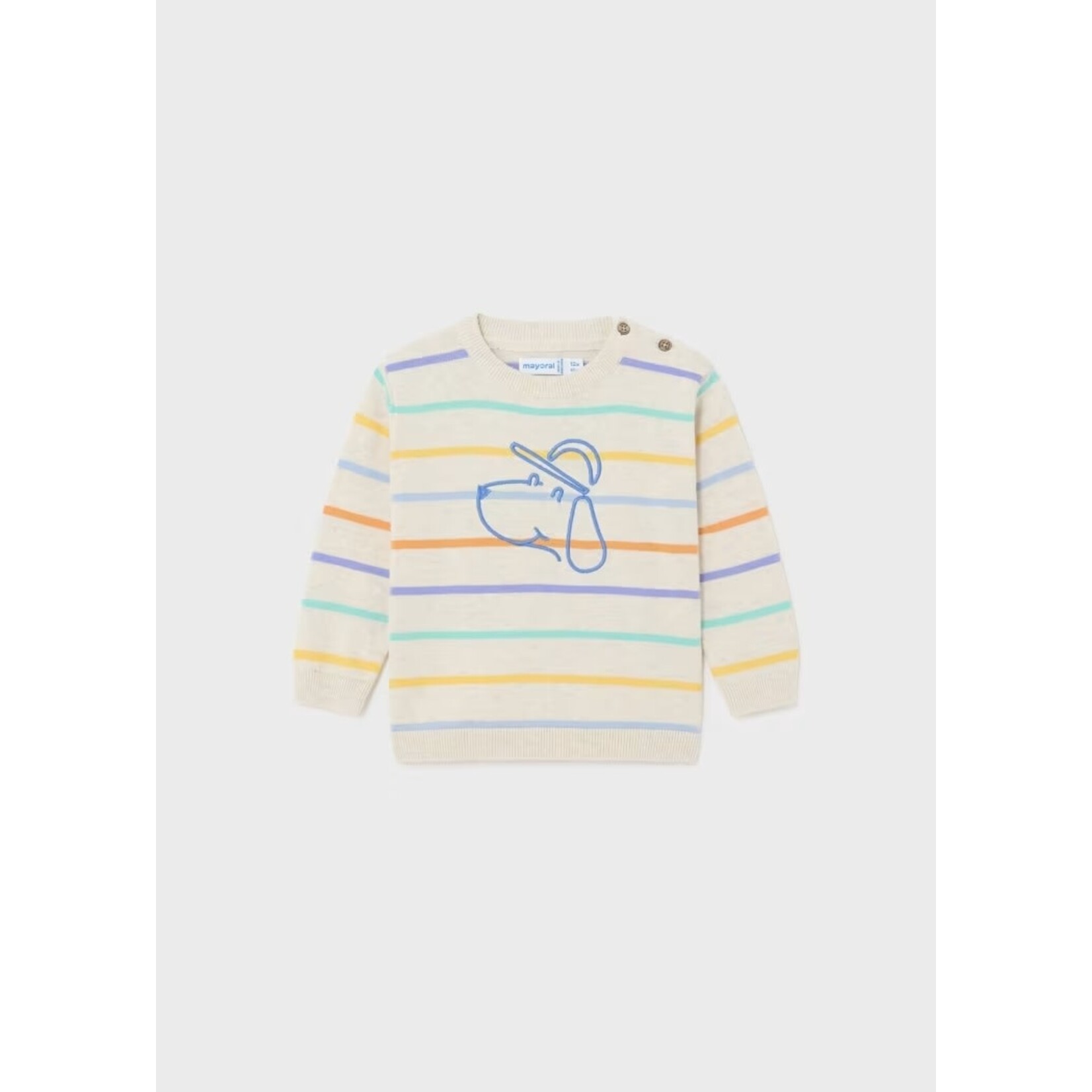 Mayoral MAYORAL - Cream white knit sweater with colorful stripes and cap dog embroidery