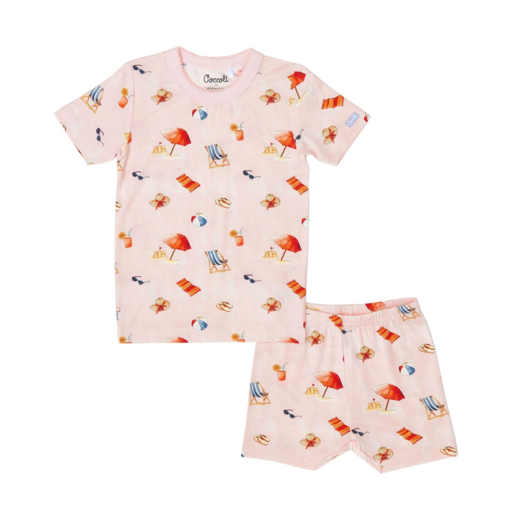 Coccoli COCCOLI - Pyjama court deux pièces rose pâle avec motifs d'accessoires de plage