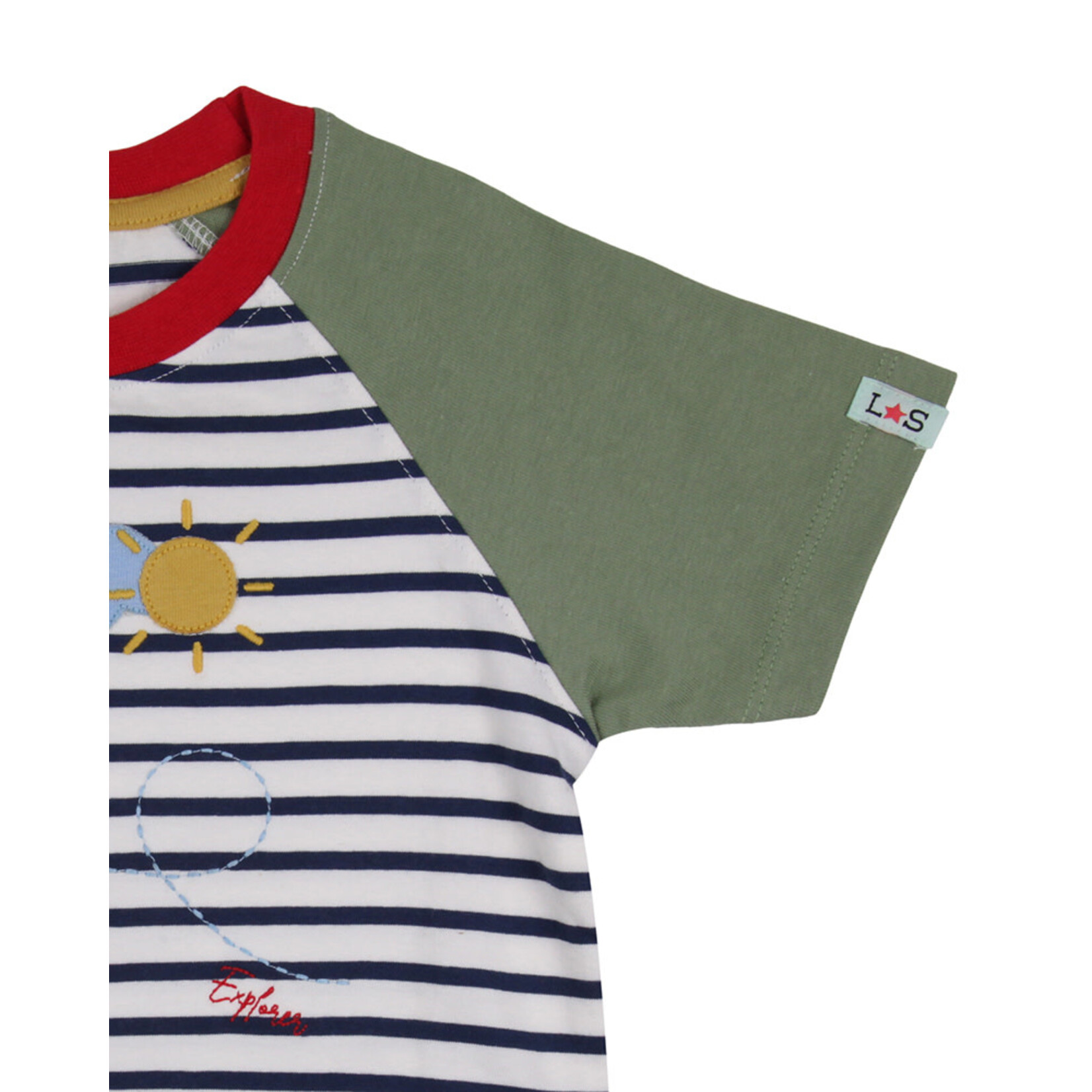 Lilly+Sid LILLY+SID - Short Sleeve Striped T-Shirt with Teddy Bear on a Plane Appliqué