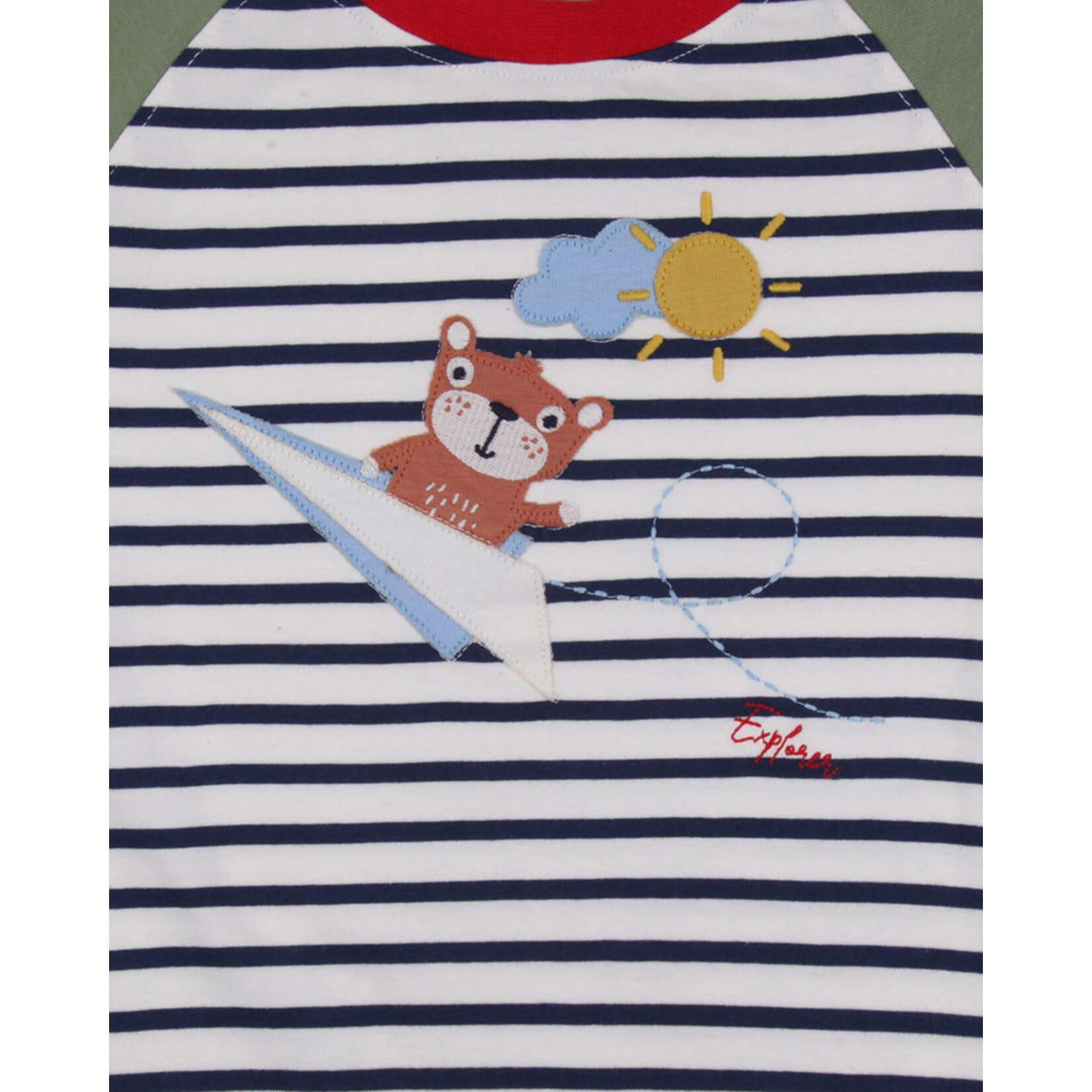 Lilly+Sid LILLY+SID - Short Sleeve Striped T-Shirt with Teddy Bear on a Plane Appliqué