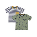 Lilly+Sid LILLY+SID - Pack of 2 T-Shirts - Dino Print on Green Background and Navy Stripes with Yellow Pocket