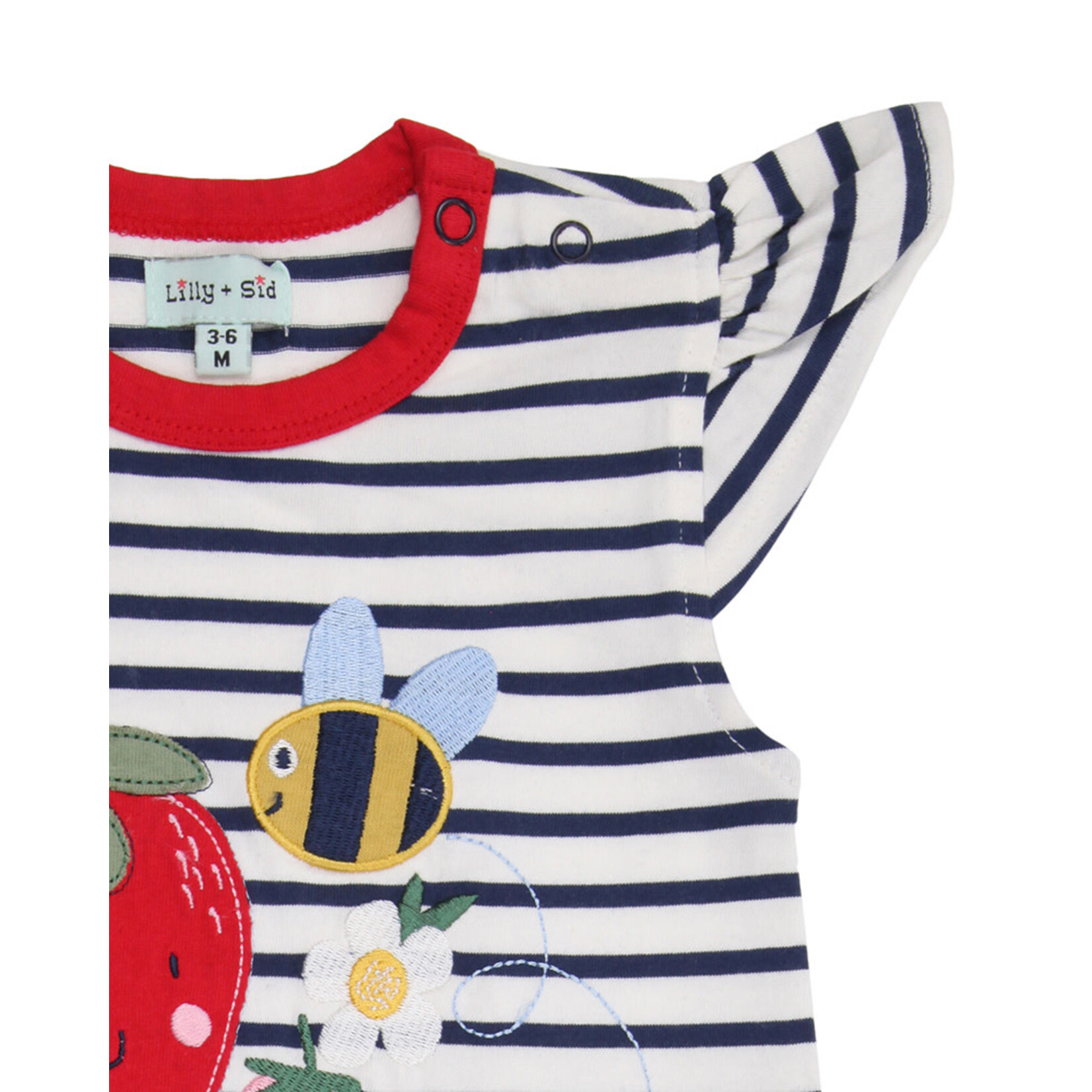 Lilly+Sid LILLY+SID - Navy Striped Romper with Busy Bee and Strawberry Appliqué