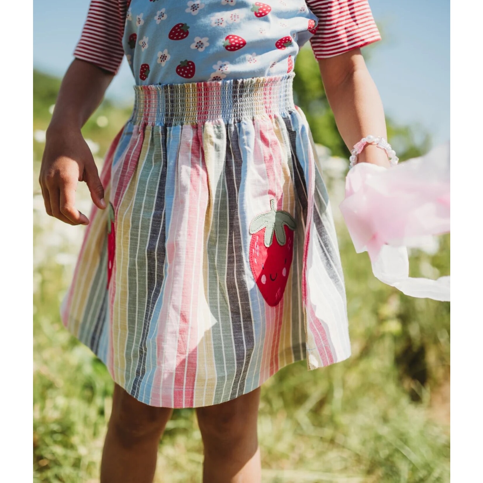 Lilly+Sid LILLY+SID - Rainbow Vertical Striped Skirt with Strawberry Appliqué