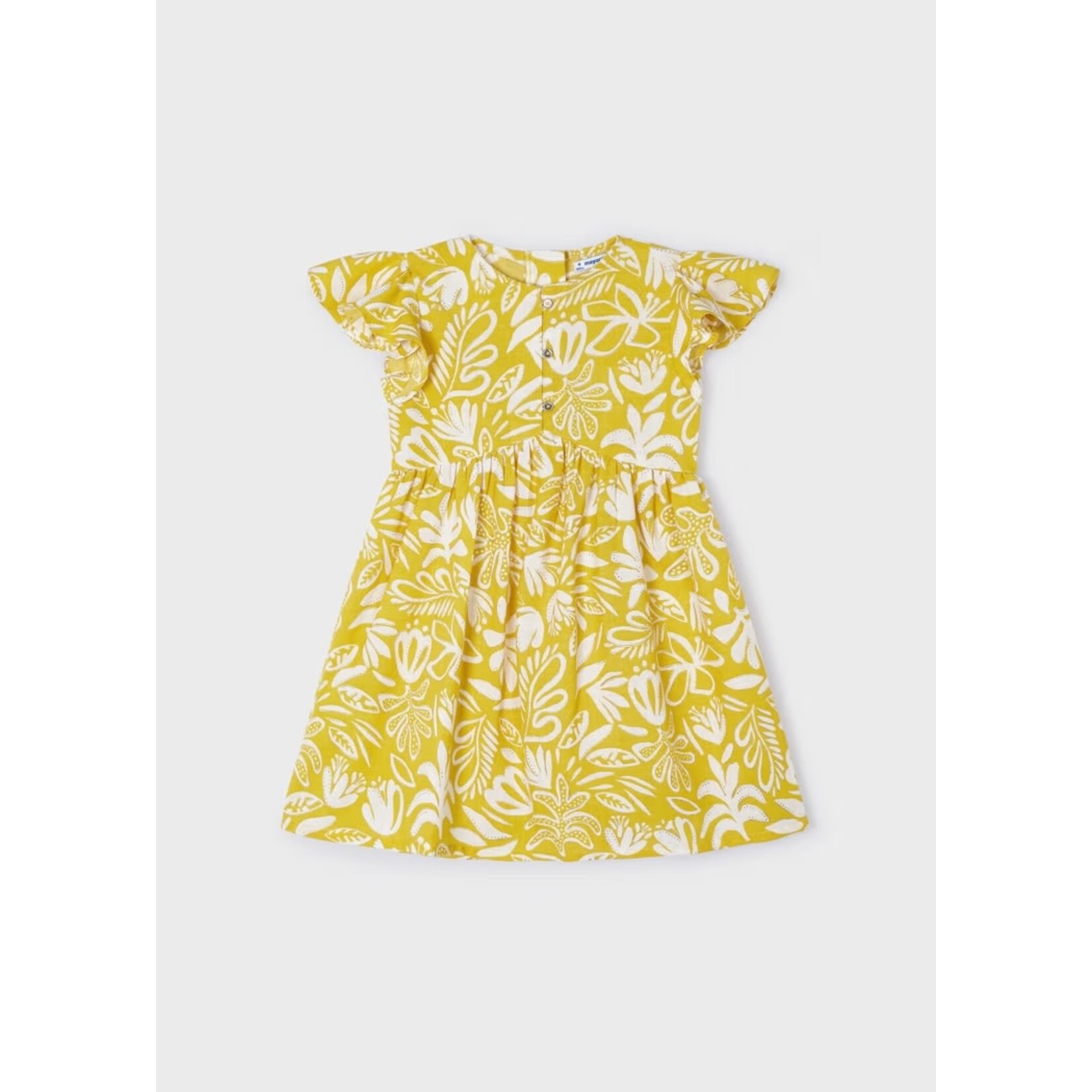 Mayoral MAYORAL - Mustard yellow sleeveless ruffled dress with white and gold flower print