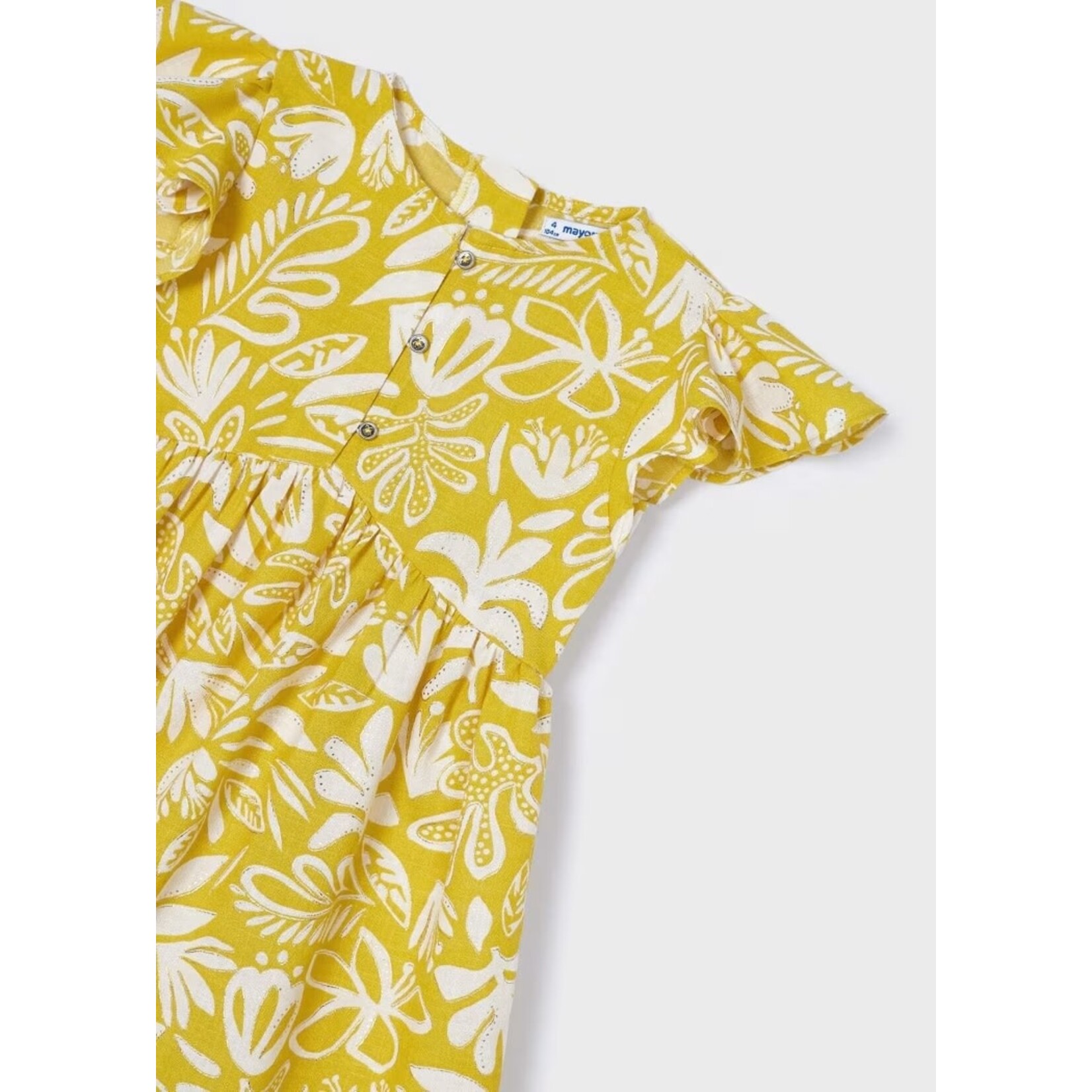Mayoral MAYORAL - Robe sans manche à volants jaune moutarde avec imprimé de fleurs blanches et dorées