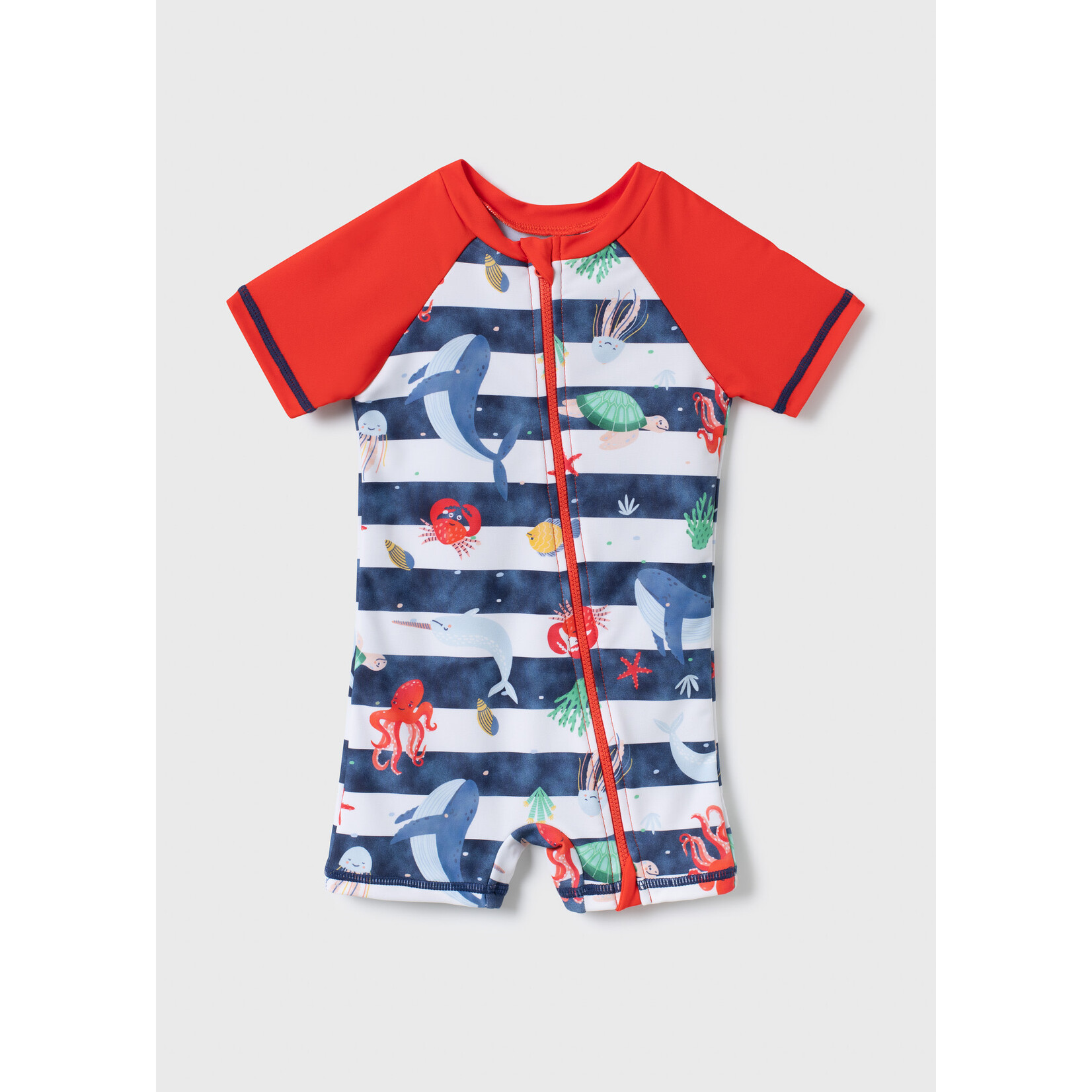 Northcoast NORTHCOAST - Striped One-Piece Swimsuit with Red Short Sleeve and Marine Animal Pattern UPF50+