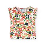 Boboli BOBOLI - Ecru Short Sleeve T-Shirt with Flower Pattern and Ruffles