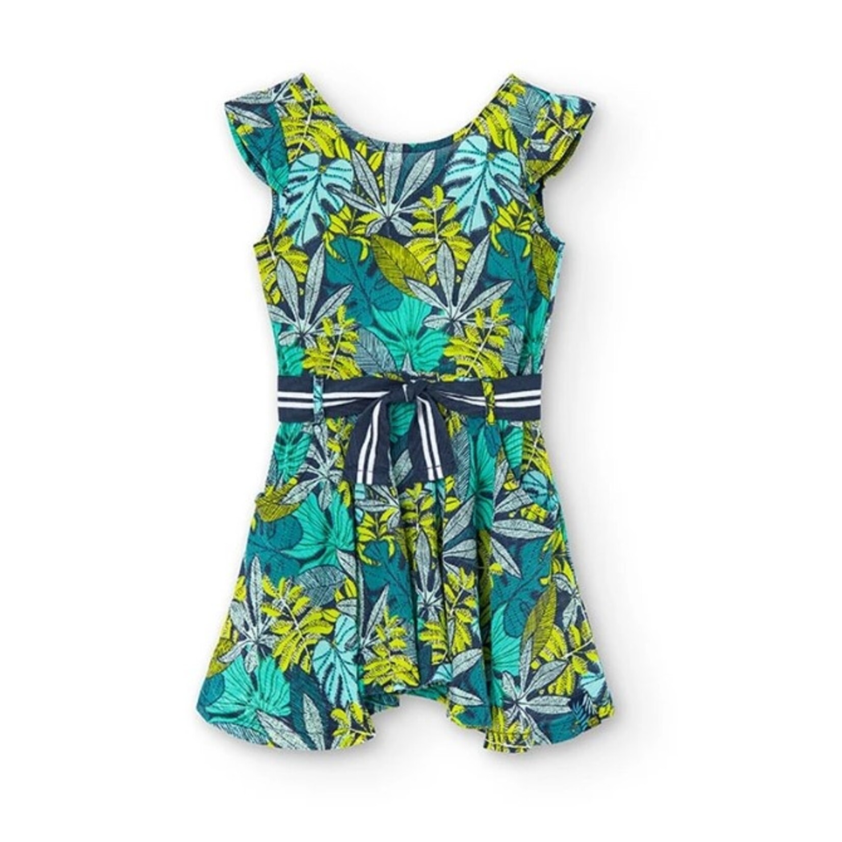 Boboli BOBOLI - Sleeveless Poplin Dress with Foliage Print and Belt