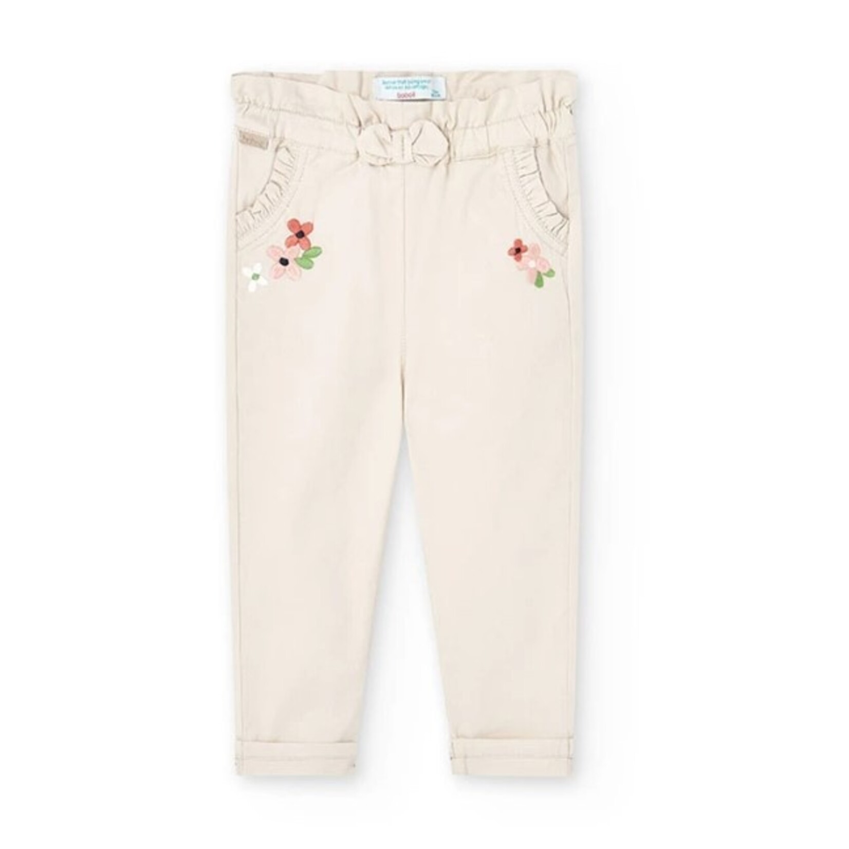 Boboli BOBOLI - Pantalon beige à taille froncée avec broderies de fleurs