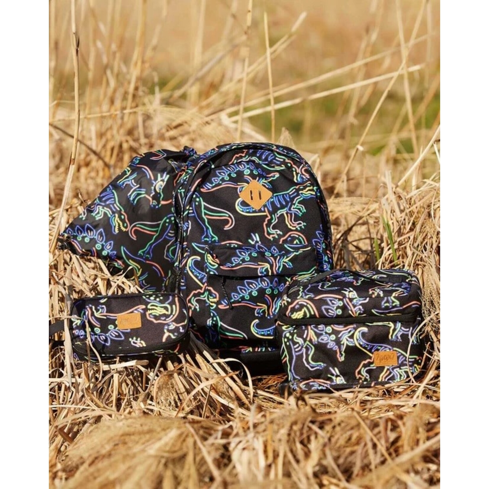 Deux par Deux DEUX PAR DEUX - Black Backpack with Neon Dino Print 'Back to Cool!'