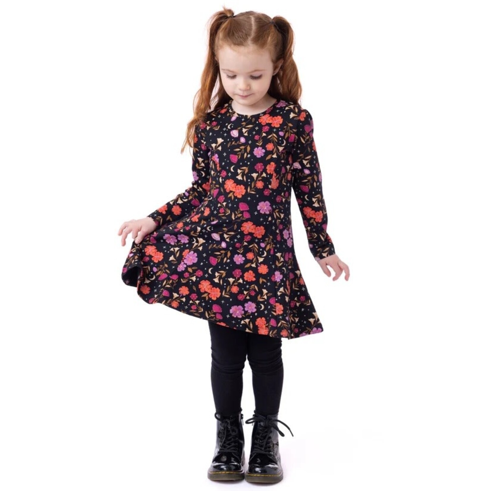 Nanö NANÖ - Black Dress with Long Sleeves and Bright Flower Print 'Comme une étoile filante'