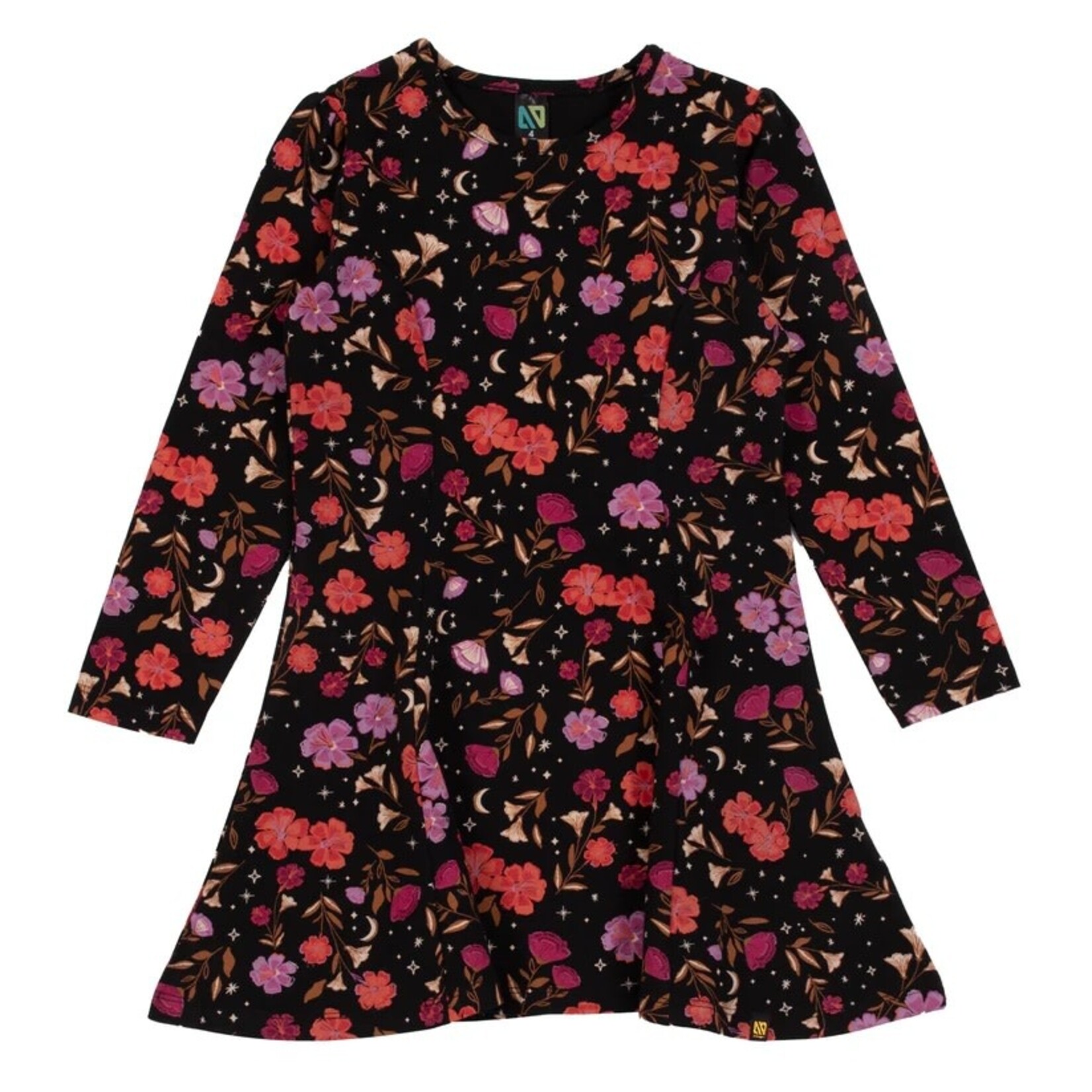 Nanö NANÖ - Black Dress with Long Sleeves and Bright Flower Print 'Comme une étoile filante'