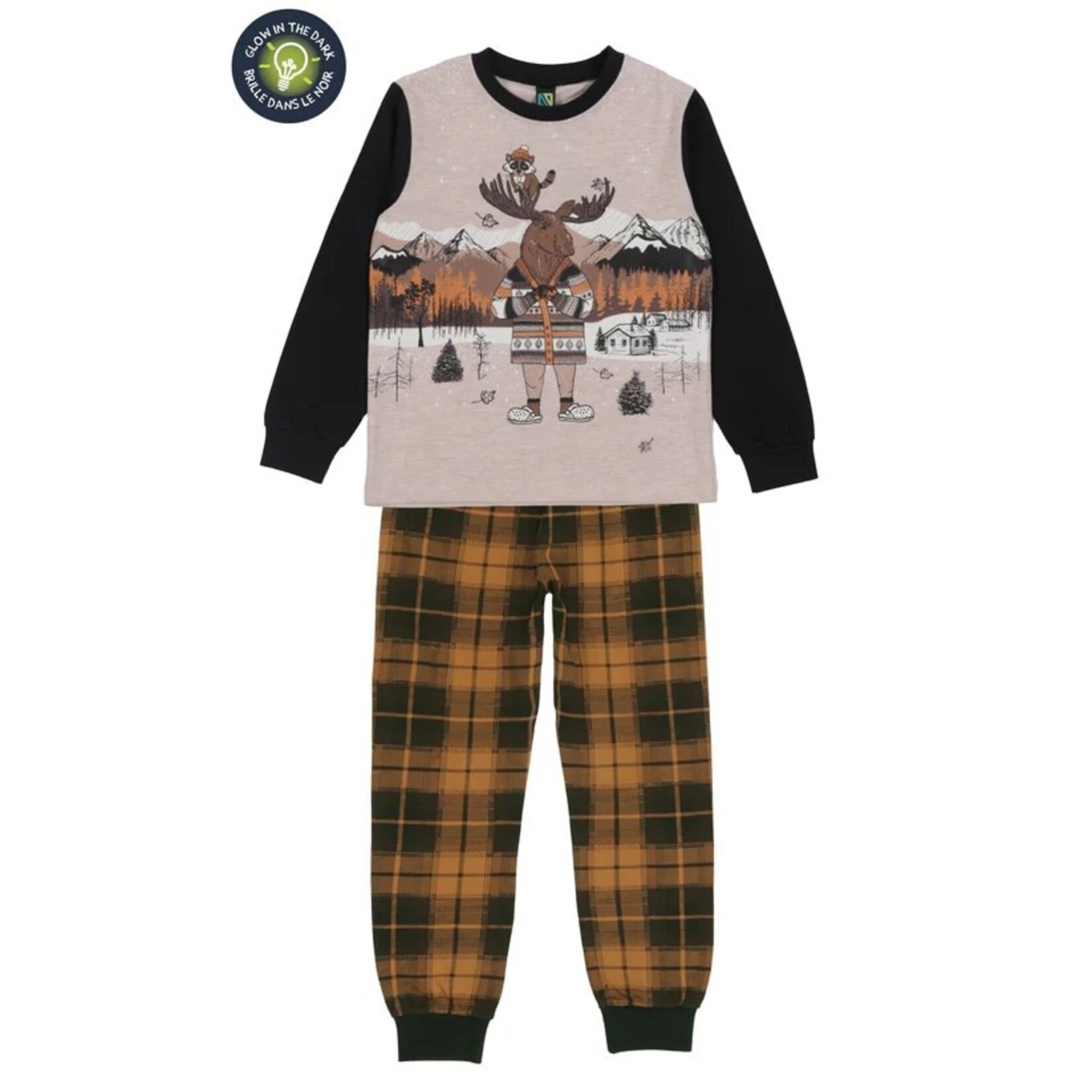 Nanö NANÖ - Beige and Caramel Pajama Set with Outdoor Moose Print