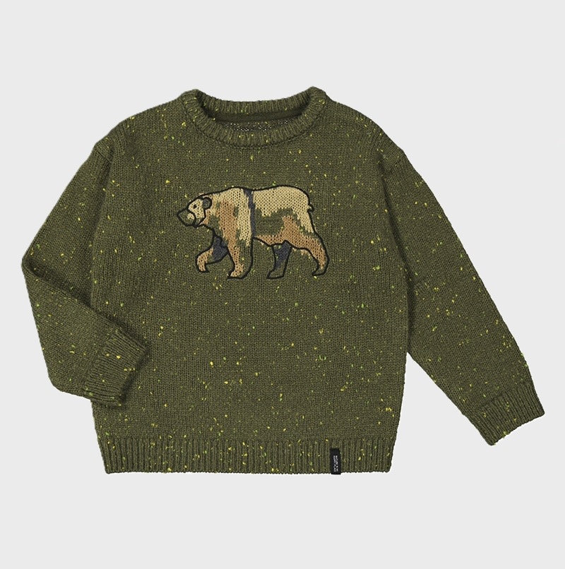 MAYORAL Green beige knit sweater with camouflage bear embroidery La Culotte a l Envers