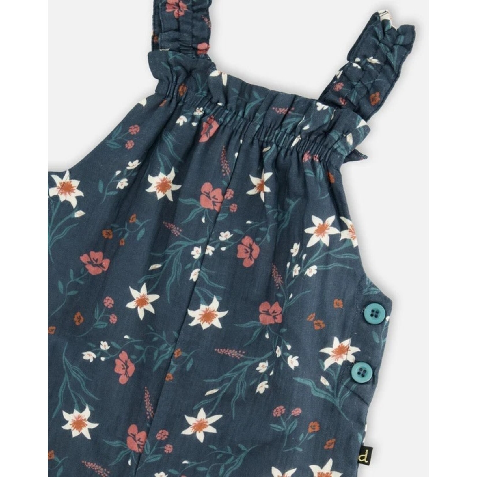 Deux par Deux DEUX PAR DEUX - Teal floral print Muslin overalls 'Edelweiss'