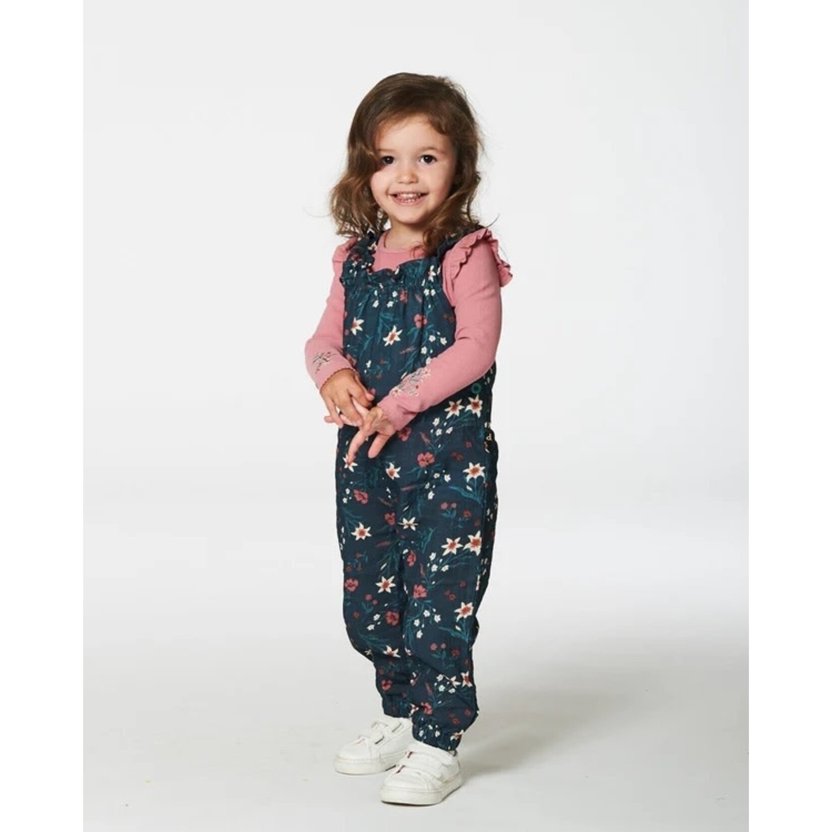 Deux par Deux DEUX PAR DEUX - Teal floral print Muslin overalls 'Edelweiss'