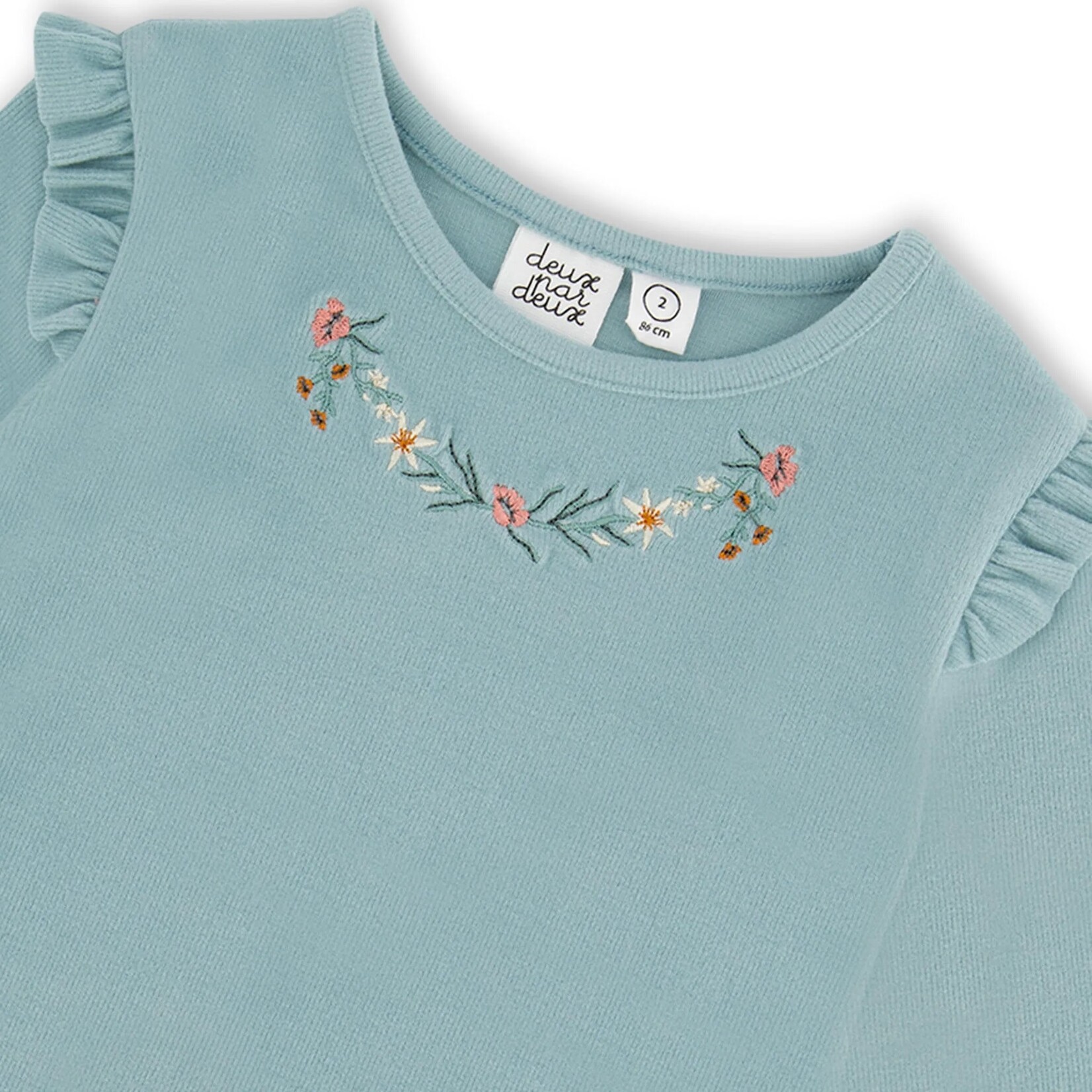 Deux par Deux DEUX PAR DEUX - T-shirt à manches longues vert de gris côtélé ultra doux avec broderies au col - 'Edelweiss'