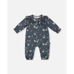 Deux par Deux DEUX PAR DEUX - Printed Muslin Jumpsuit Teal With Flowers 'Edelweiss'