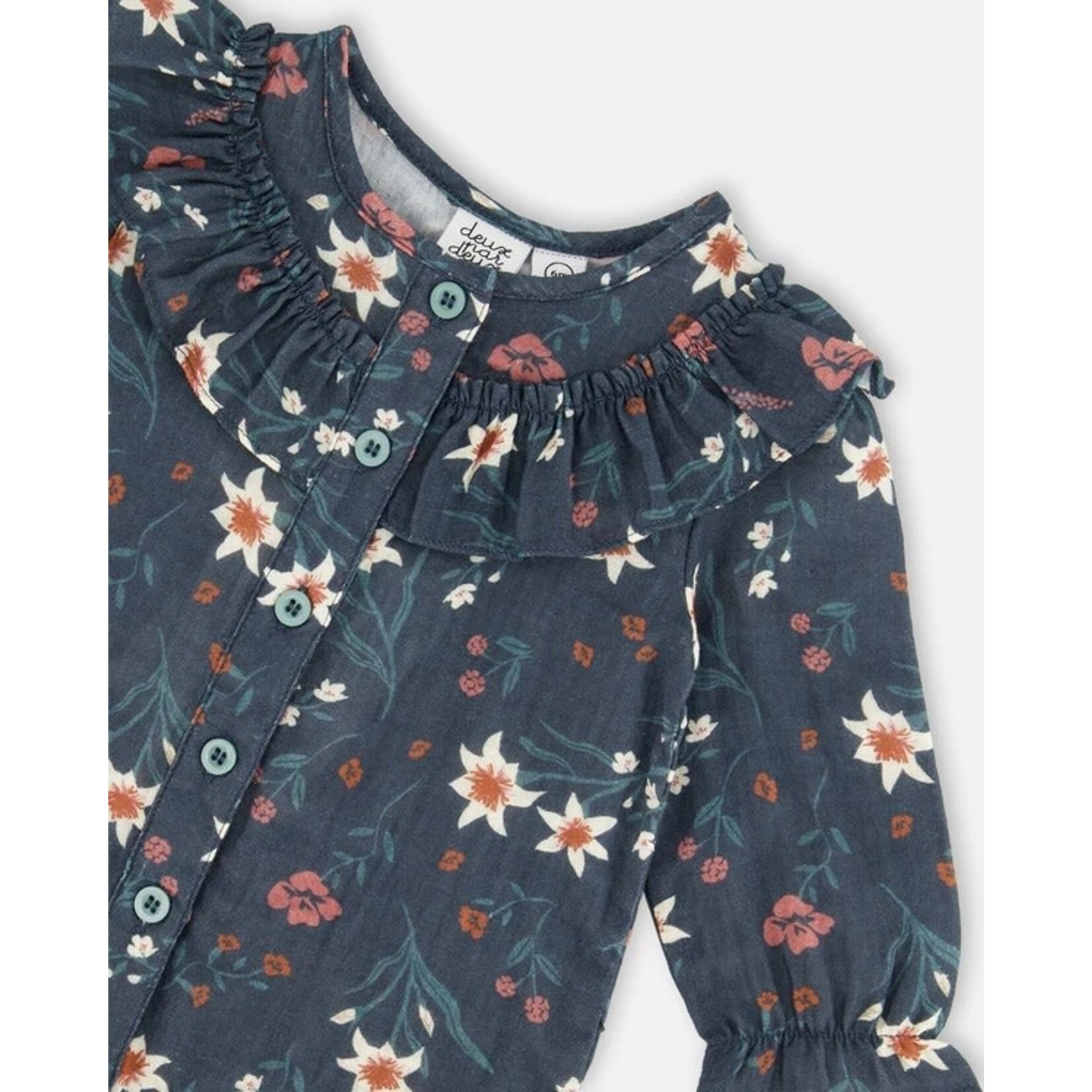 Deux par Deux DEUX PAR DEUX - Printed Muslin Jumpsuit Teal With Flowers 'Edelweiss'