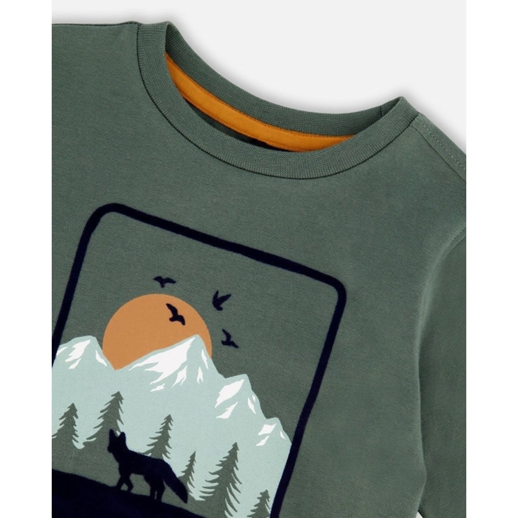 Deux par Deux DEUX PAR DEUX - Forest Green Long Sleeve T-Shirt with Mountain Print 'Forest Adventure'