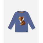 Deux par Deux DEUX PAR DEUX - Blue Long Sleeve T-Shirt with Fox Appliqué 'Forest Adventure'