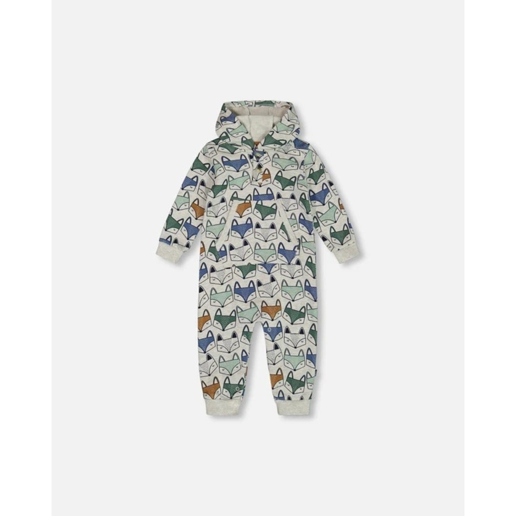 Deux par Deux DEUX PAR DEUX - Heather Grey Hooded Fleece Jumpsuit with All-Over Fox Print 'Forest Adventure'