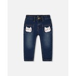 Deux par Deux DEUX PAR DEUX - Dark Denim Jeans with Cat Appliqué Pockets 'Cathy the Cat'