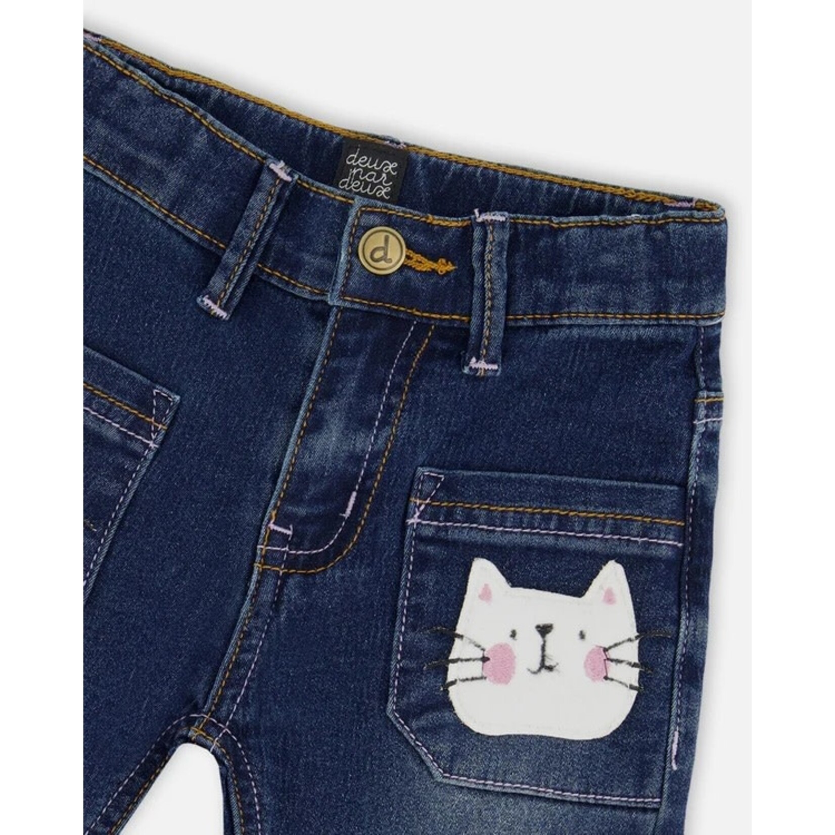 Deux par Deux DEUX PAR DEUX - Dark Denim Jeans with Cat Appliqué Pockets 'Cathy the Cat'