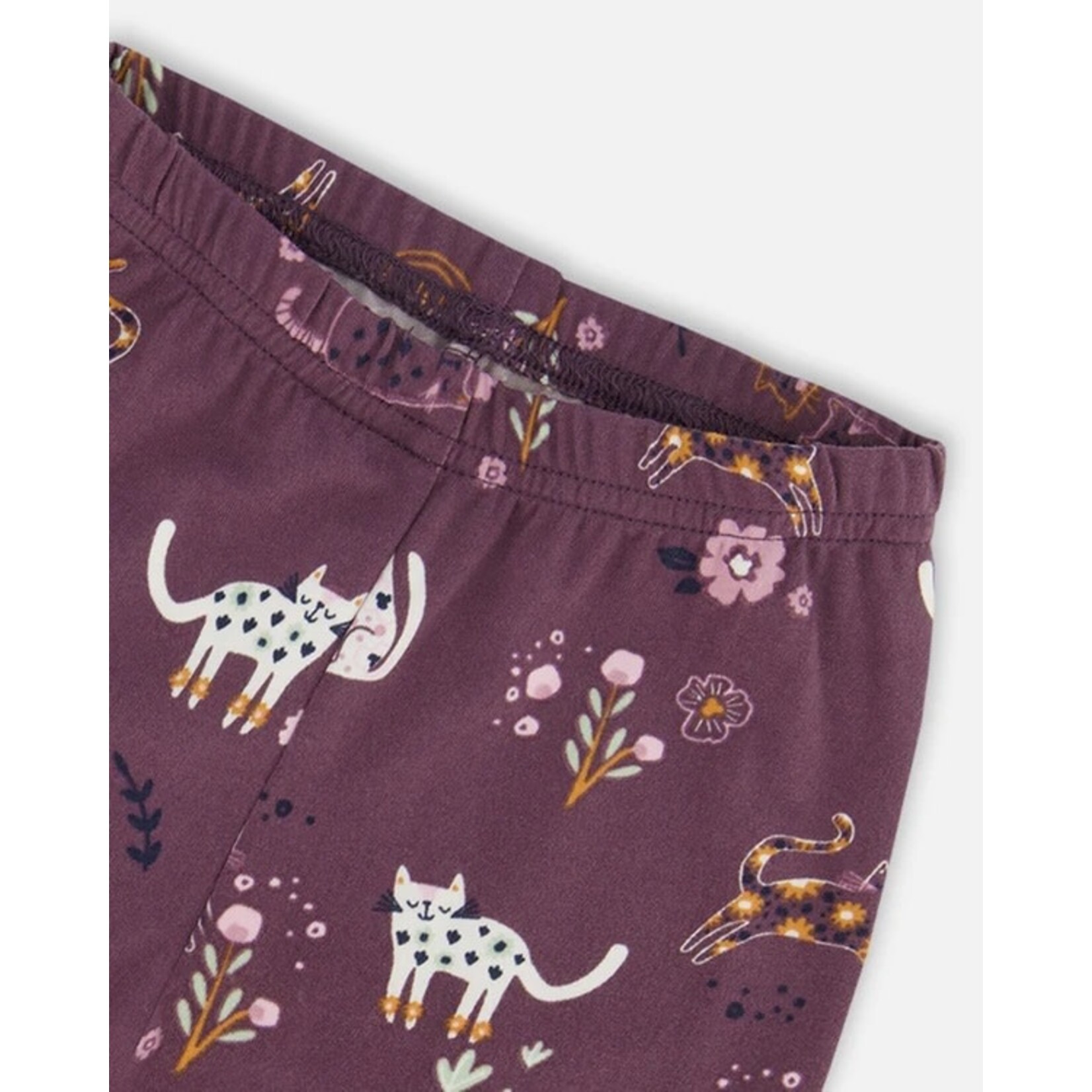 Deux par Deux DEUX PAR DEUX - Legging mauve avec imprimé de fleurs et de chats 'Minoi de minets'