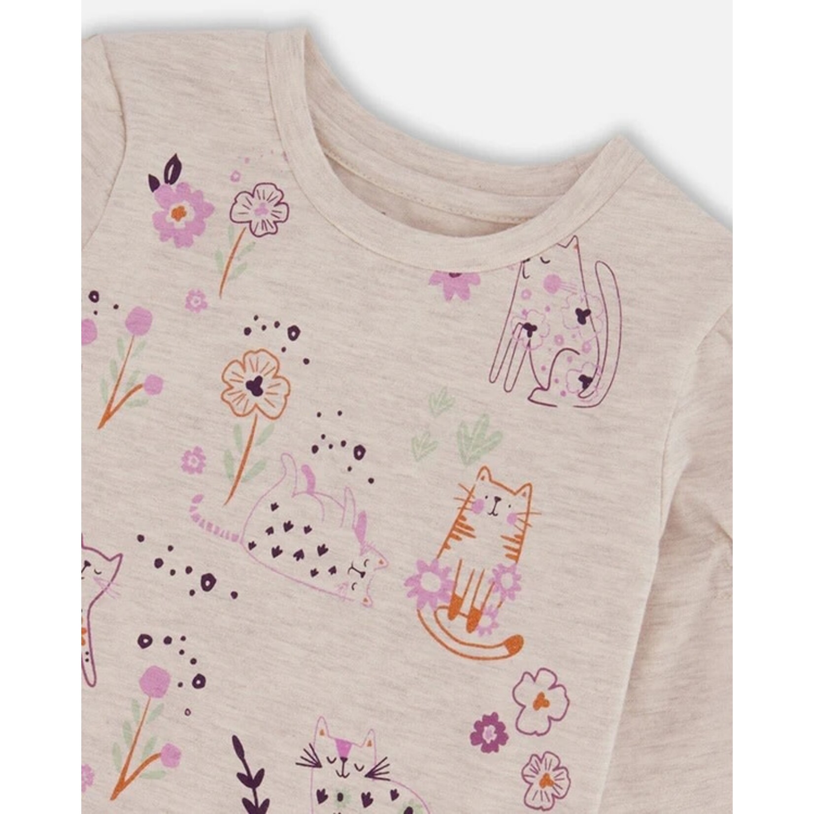 Deux par Deux DEUX PAR DEUX - Heather Grey Long Sleeve T-Shirt with Flower and Cat Print 'Cathy the Cat'