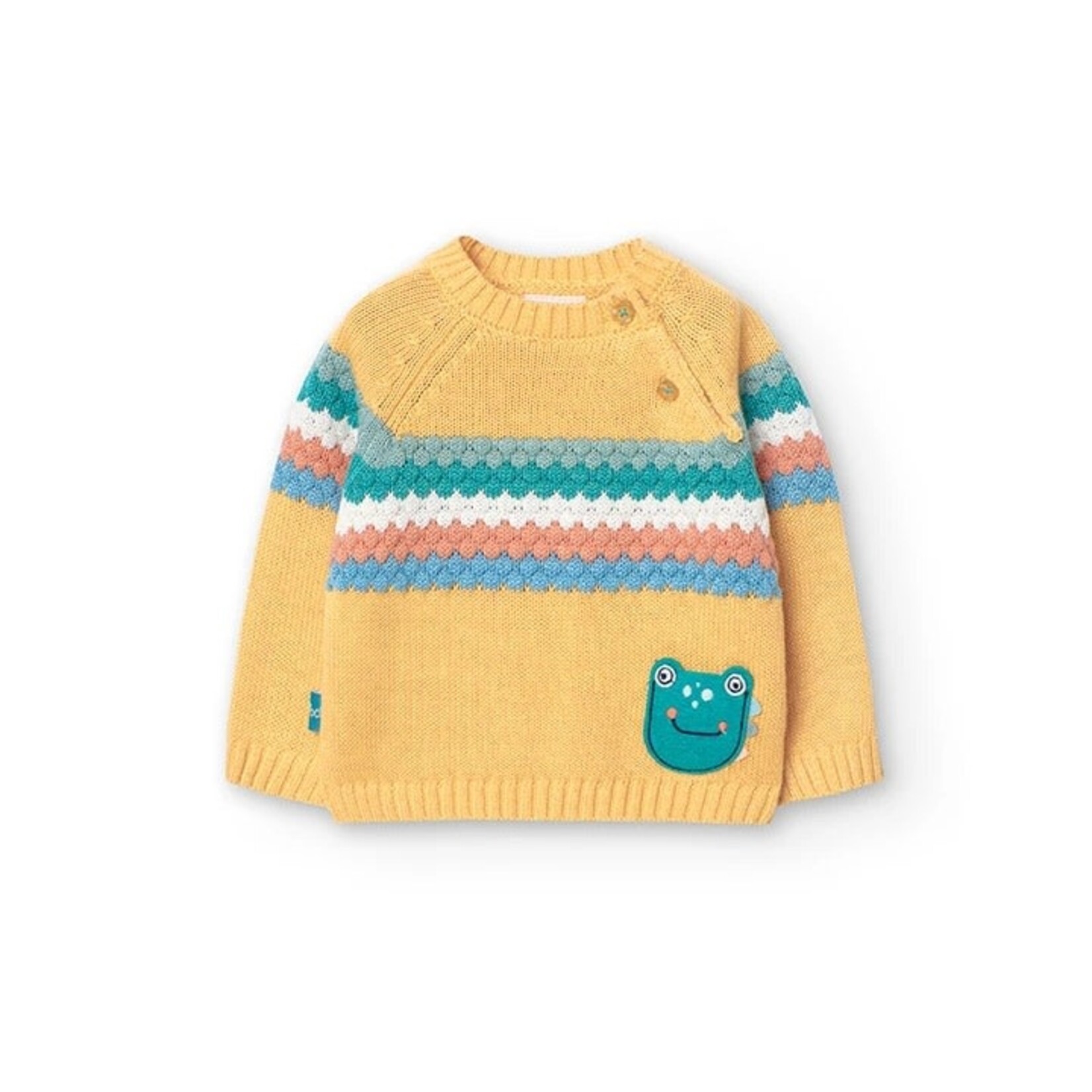 Boboli BOBOLI - Yellow Knitted Sweater with Multicolor Stripes and Frog Head Appliqué