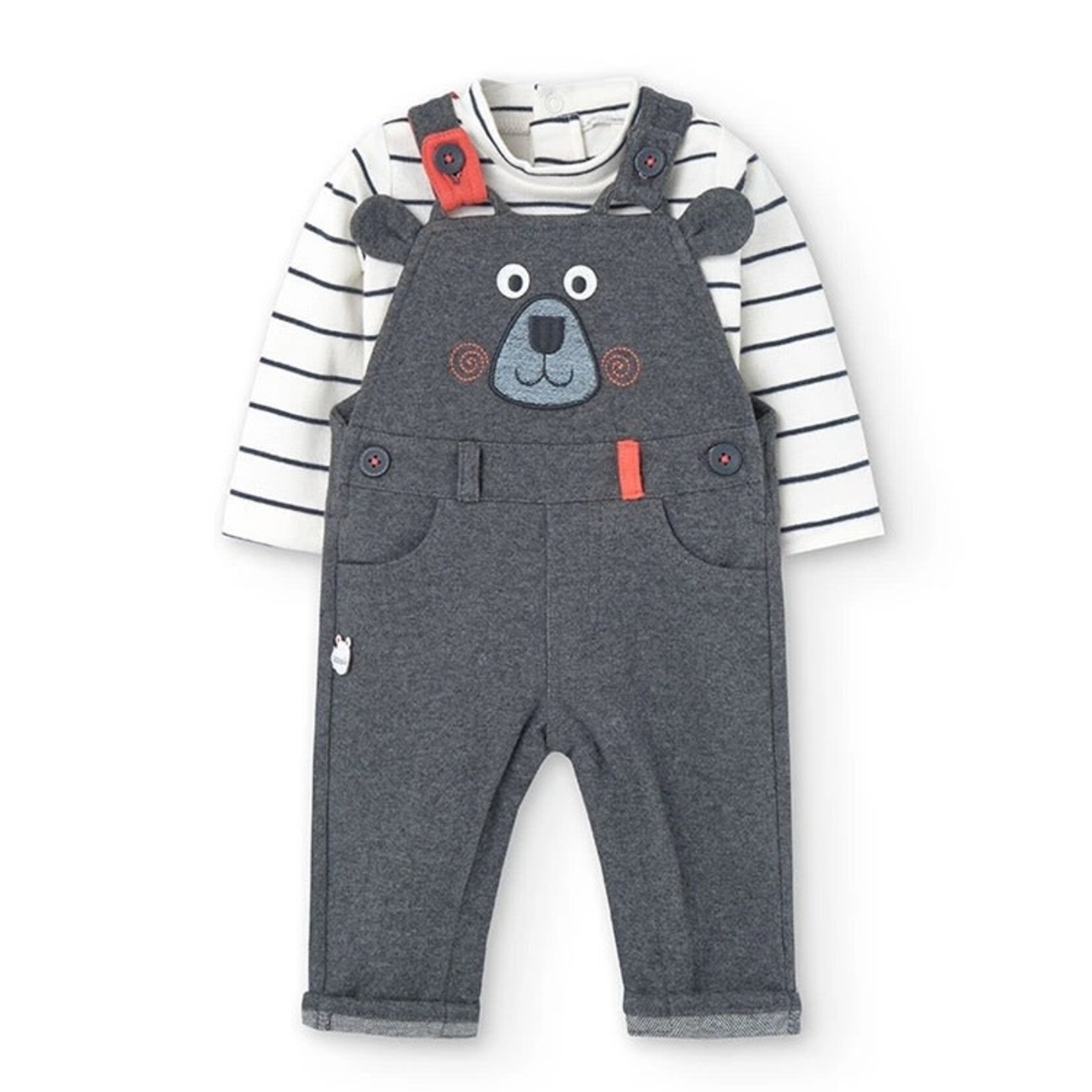 Boboli BOBOLI - 2-Piece Set - Striped Bodysuit and Grey Overall with Bear Face Applique