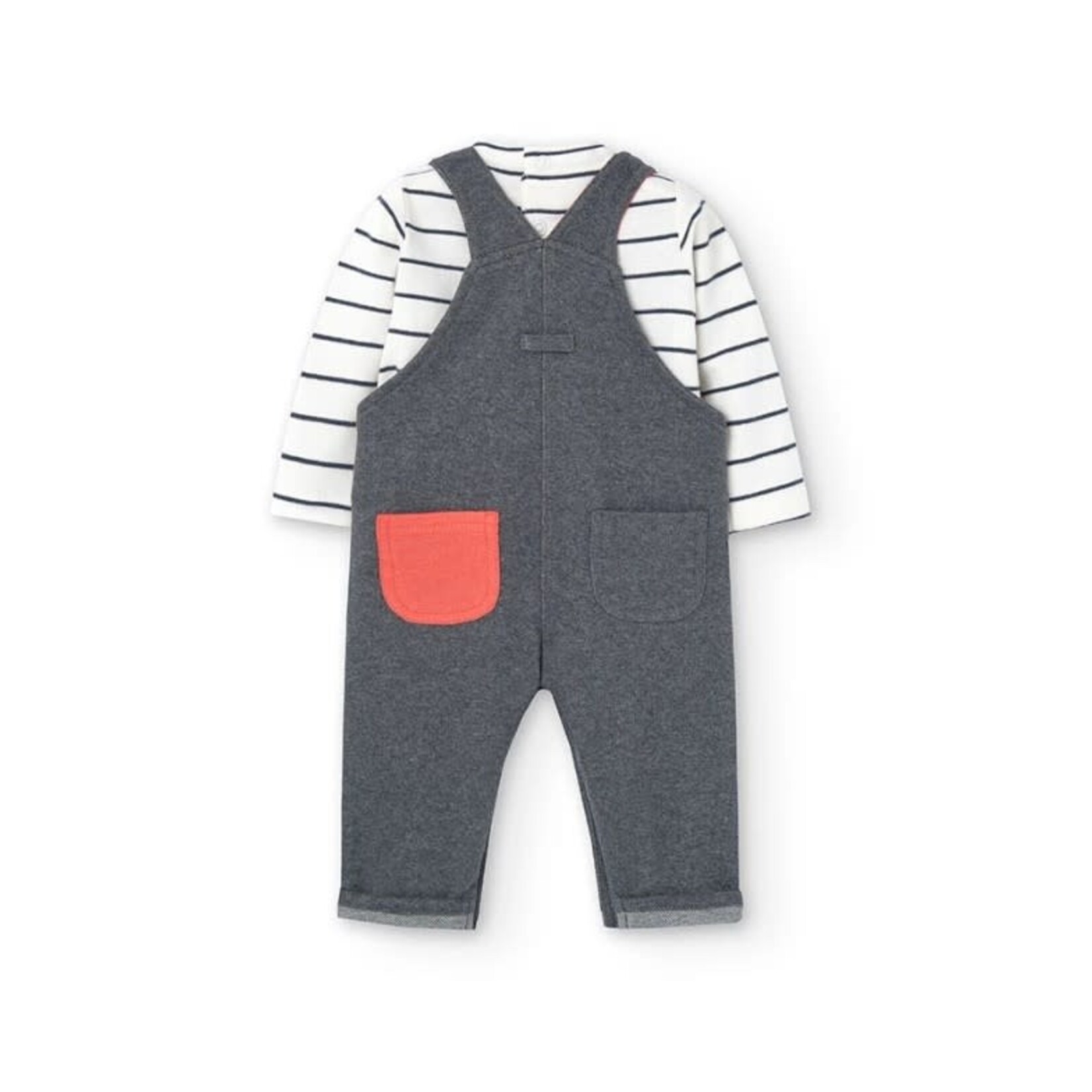 Boboli BOBOLI - 2-Piece Set - Striped Bodysuit and Grey Overall with Bear Face Applique