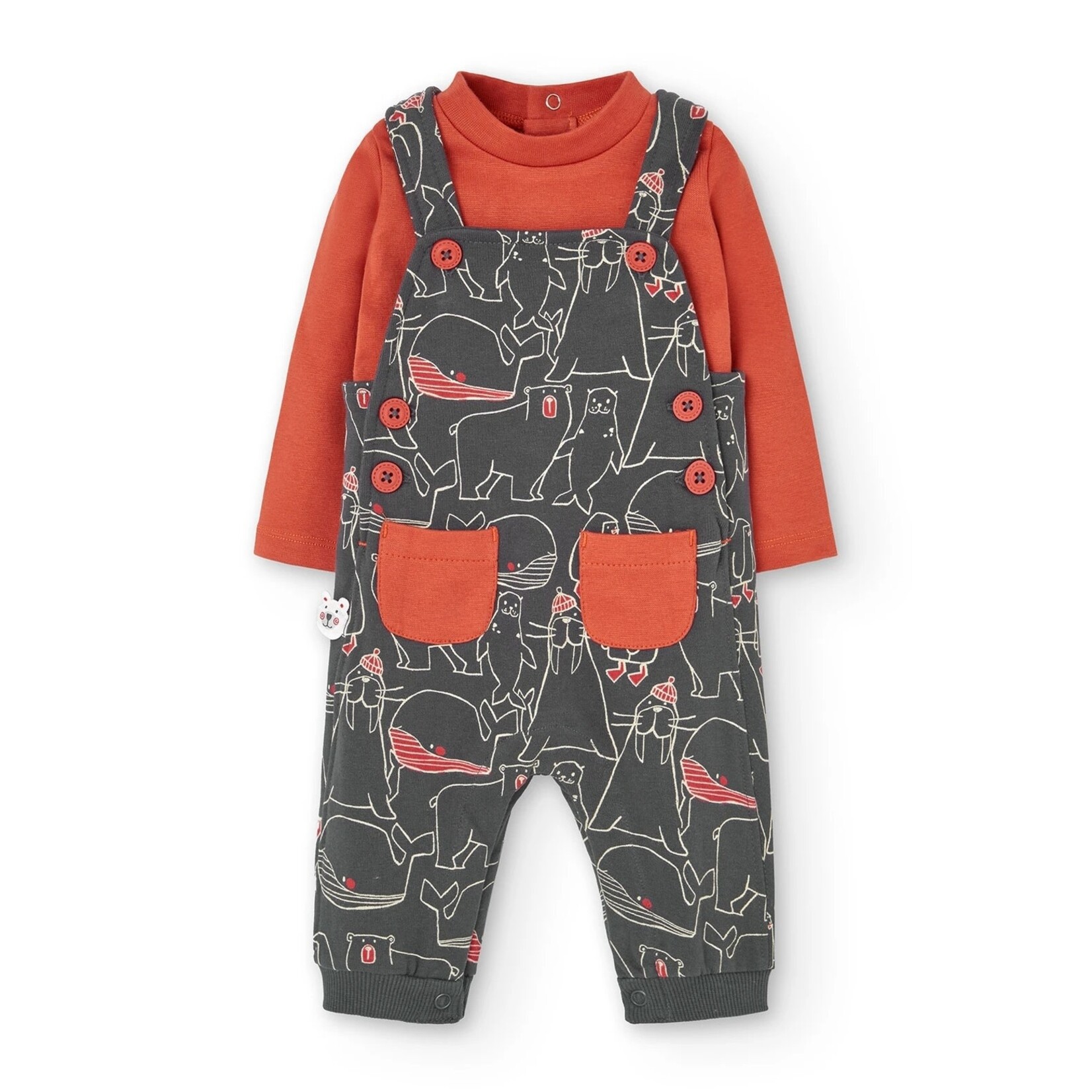 Boboli BOBOLI - 2-Piece Set - Burnt Orange Bodysuit and Gray Overalls with Arctic Friends Print