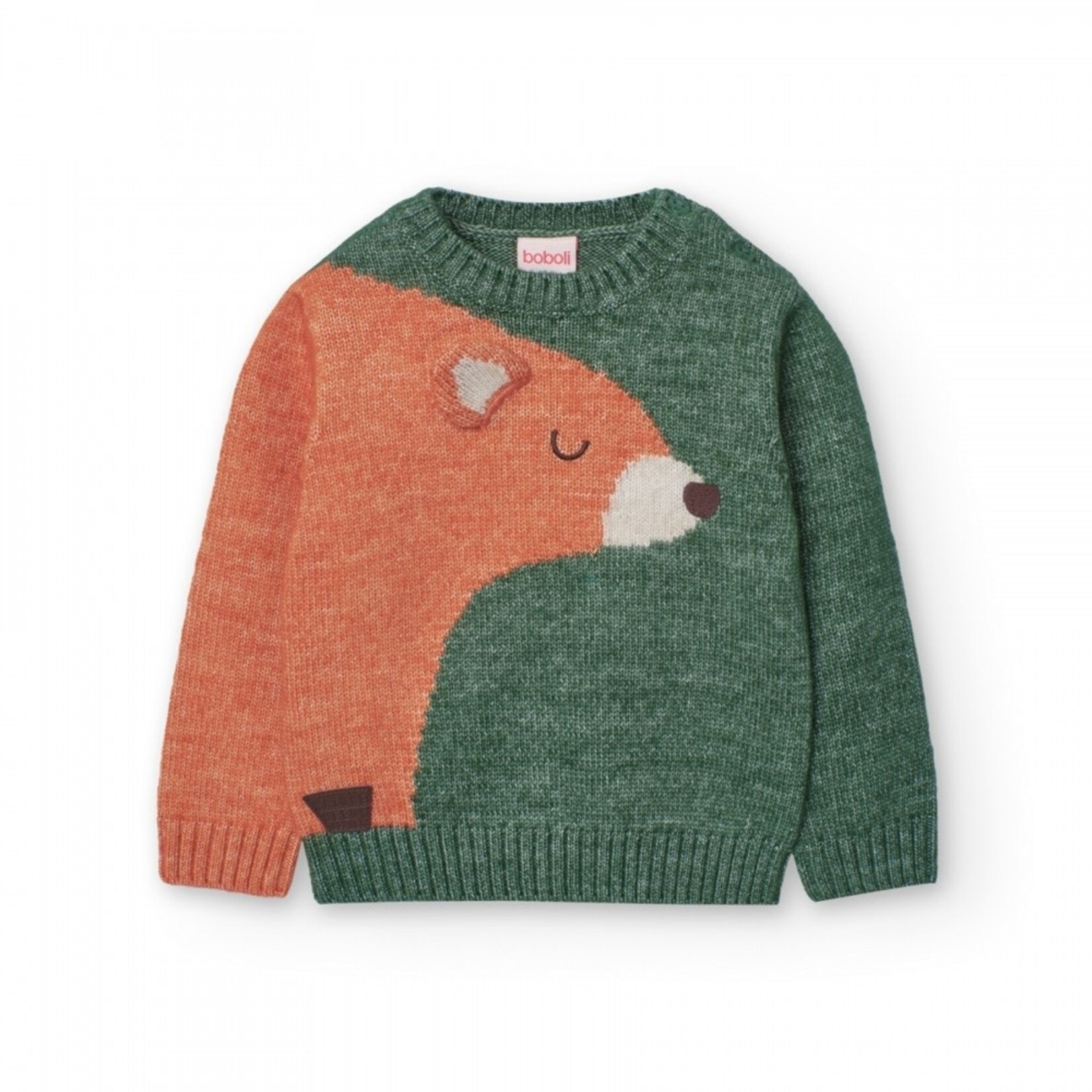 Boboli BOBOLI - Forest green knit sweater with orange bear pattern