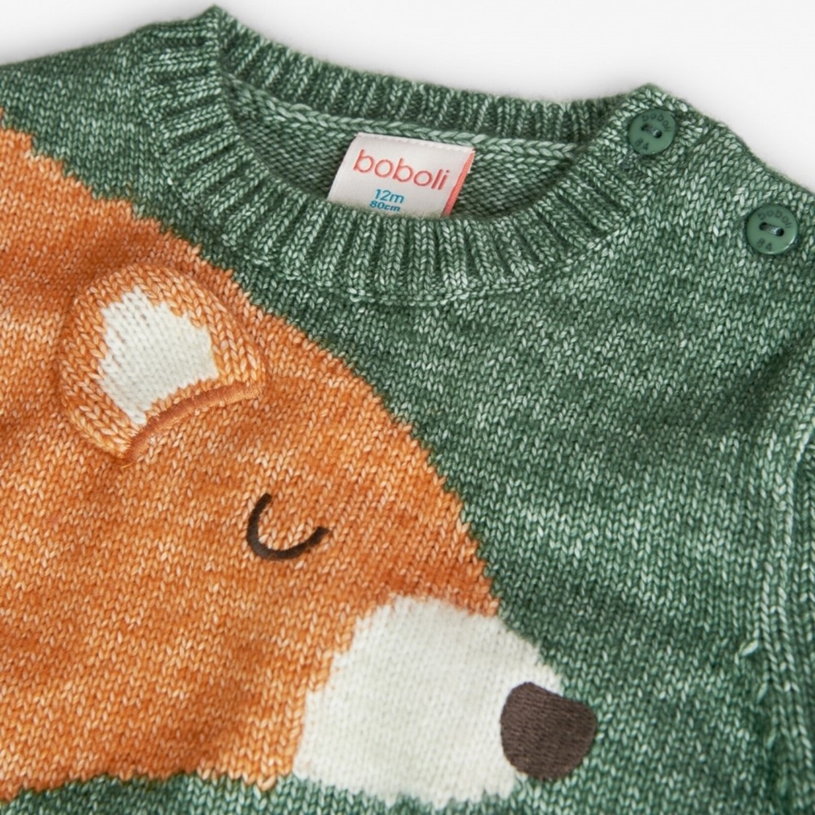 Boboli BOBOLI - Chandail en tricot vert forêt avec motif d'ours orange