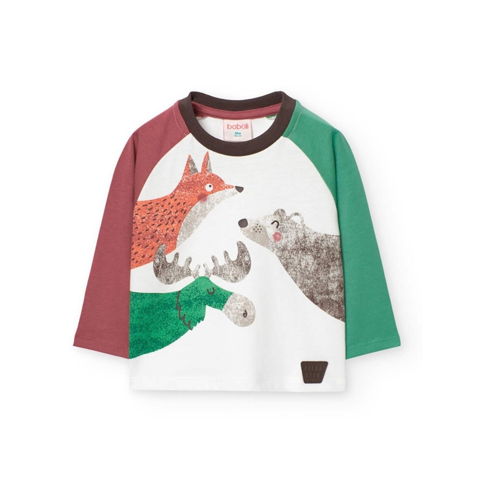 Boboli BOBOLI - T-shirt blanc à manches longues raglan bicolores avec imprimé d'animaux de la forêt