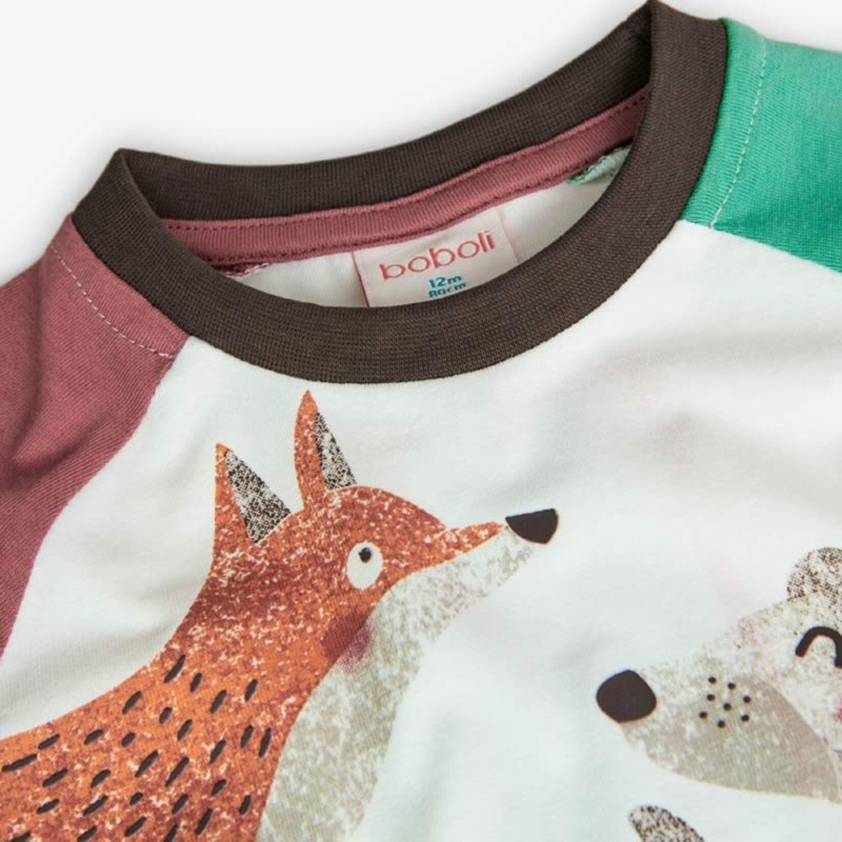 Boboli BOBOLI - White Bicolor Raglan Long Sleeve T-Shirt with Forest Animal Print