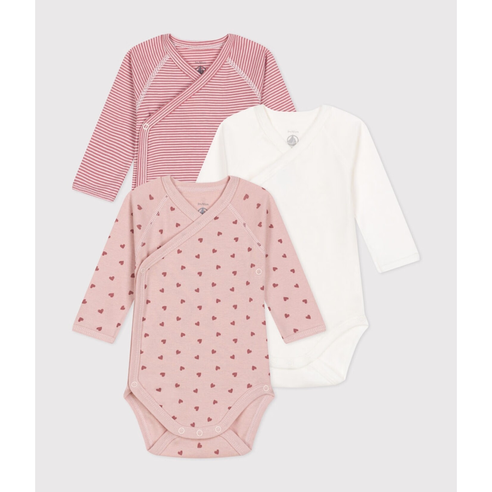 Petit Bateau PETIT BATEAU - Pack of 3 long sleeved bodysuits with wrap-over collar 'pink and white striped/pink with little hearts/Plain white'