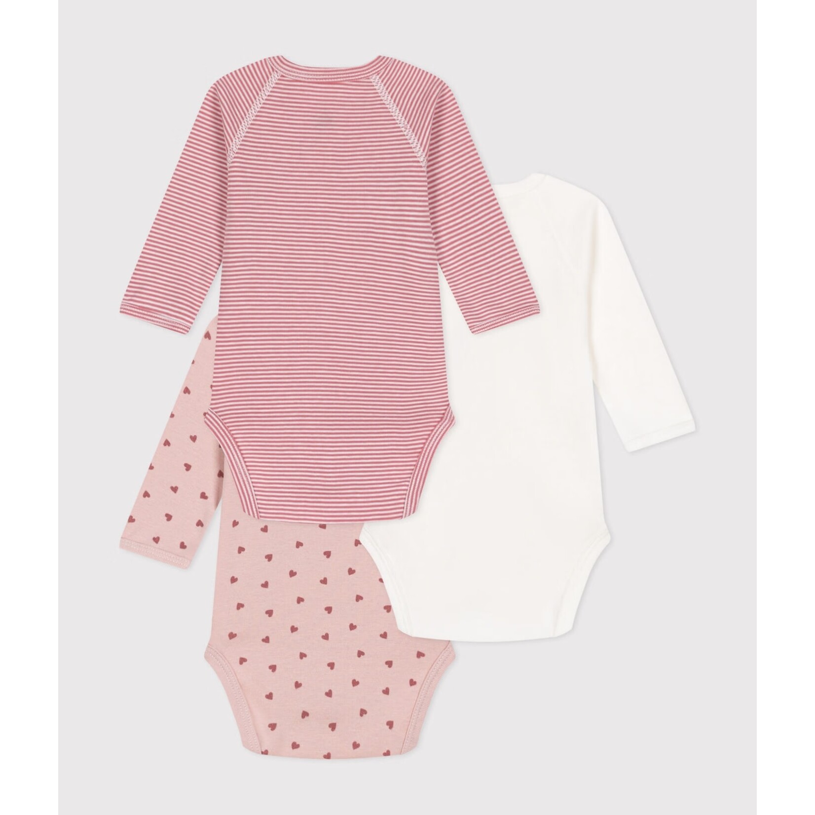 Petit Bateau PETIT BATEAU - Pack of 3 long sleeved bodysuits with wrap-over collar 'pink and white striped/pink with little hearts/Plain white'