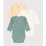 Petit Bateau PETIT BATEAU - Pack of 3 long sleeved bodysuits with wrap-over collar 'yellow and white striped/green-grey with little raccoons/plain white'