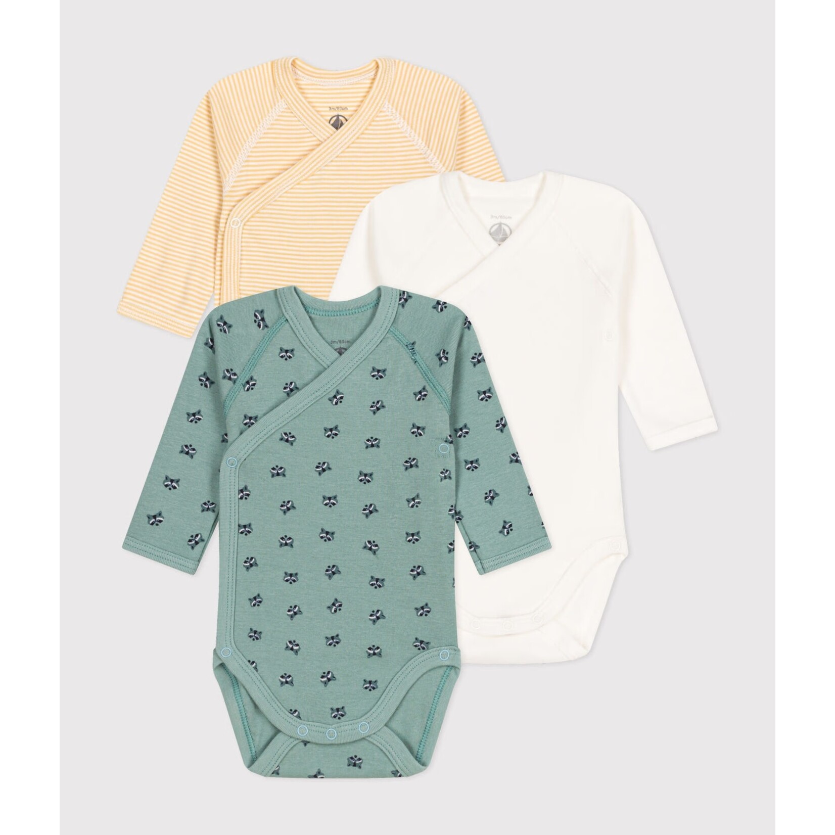 Petit Bateau PETIT BATEAU - Lot de 3 cache-couches manches longues à col cache-coeur 'rayé jaune et blanc/vert-de-gris avec petits ratons/Uni blanc'