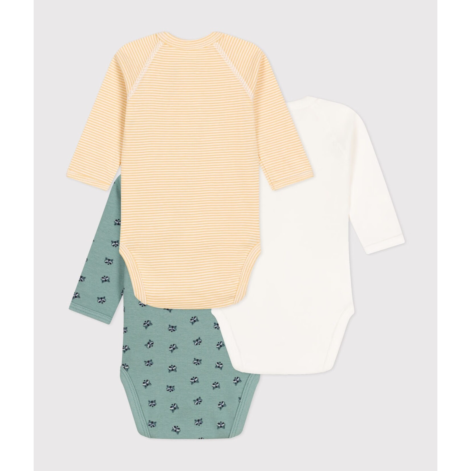 Petit Bateau PETIT BATEAU - Pack of 3 long sleeved bodysuits with wrap-over collar 'yellow and white striped/green-grey with little raccoons/plain white'