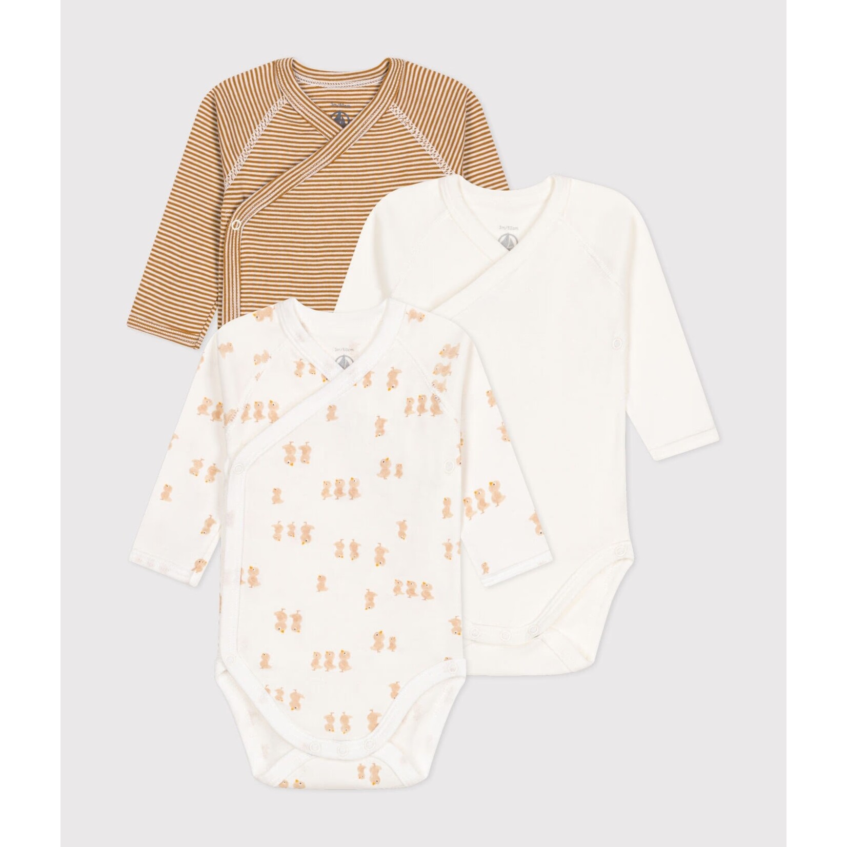 Petit Bateau PETIT BATEAU - Pack of 3 long sleeved bodysuits with wrap-over collar 'striped caramel and white/white with little ducklings/Plain white'