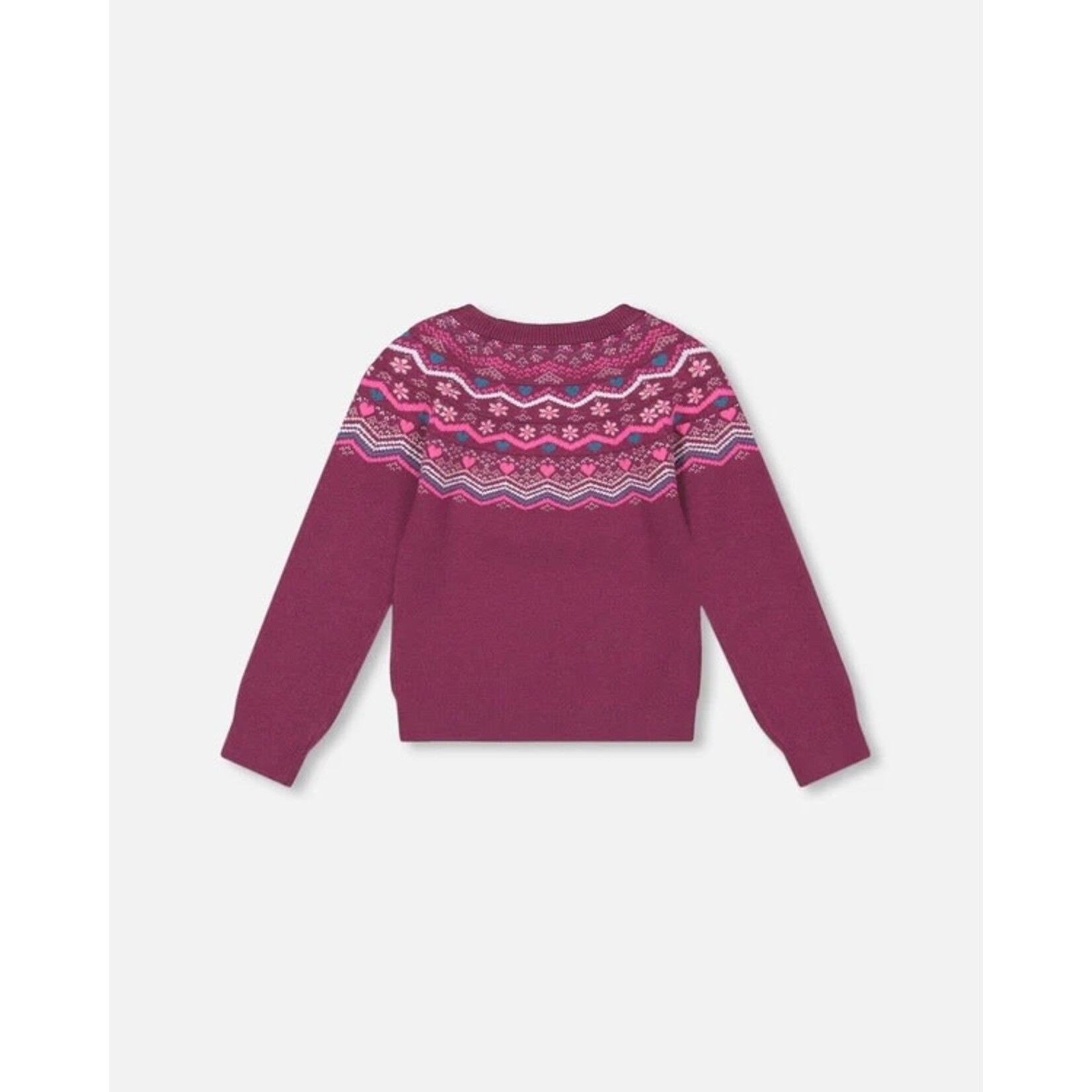 Deux par Deux DEUX PAR DEUX - Burgundy Fair Isle Knit Sweater with Pom Poms 'Fairy Forest'