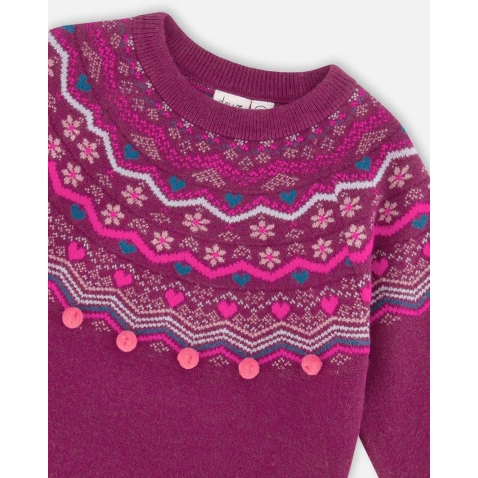 Deux par Deux DEUX PAR DEUX - Burgundy Fair Isle Knit Sweater with Pom Poms 'Fairy Forest'