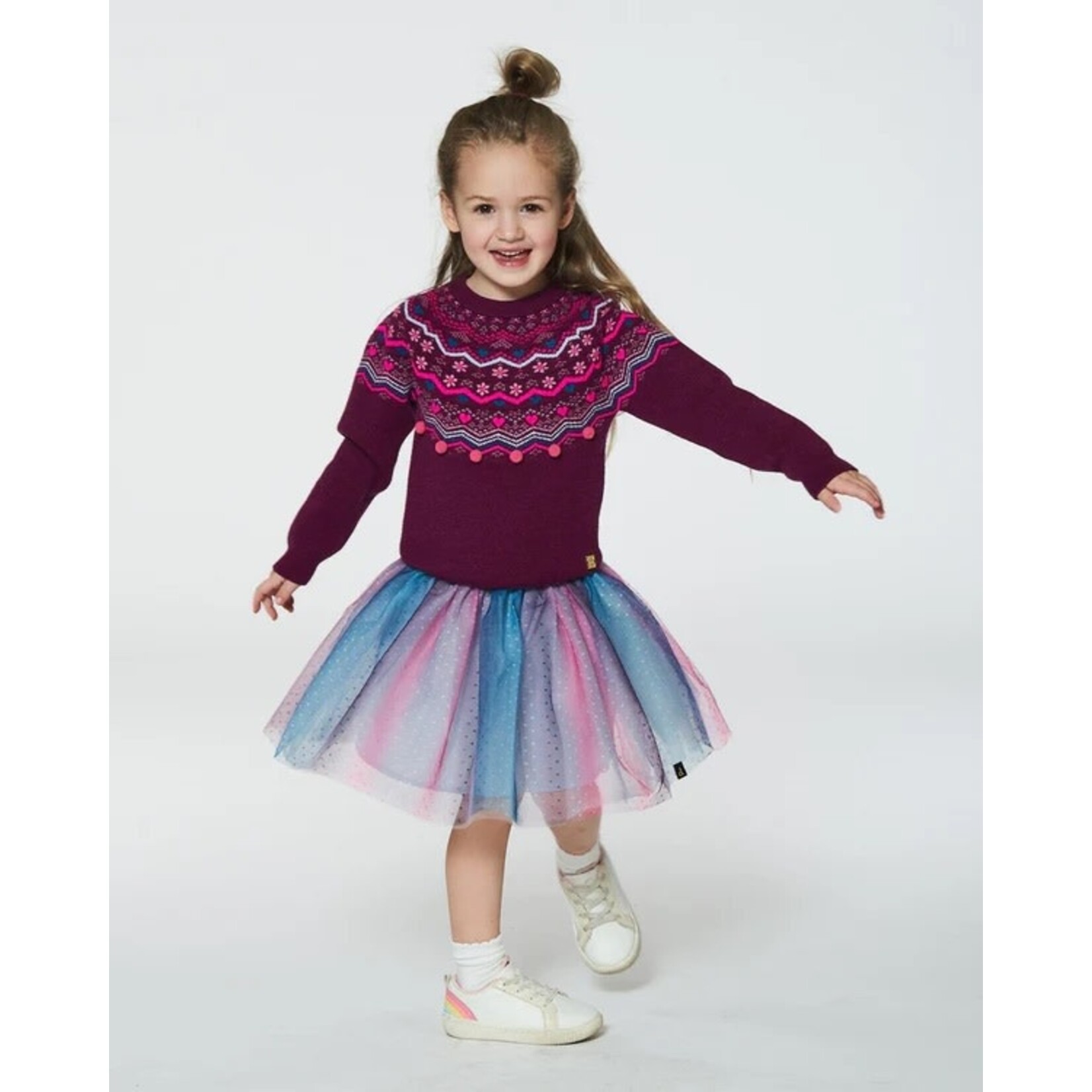 Deux par Deux DEUX PAR DEUX - Burgundy Fair Isle Knit Sweater with Pom Poms 'Fairy Forest'