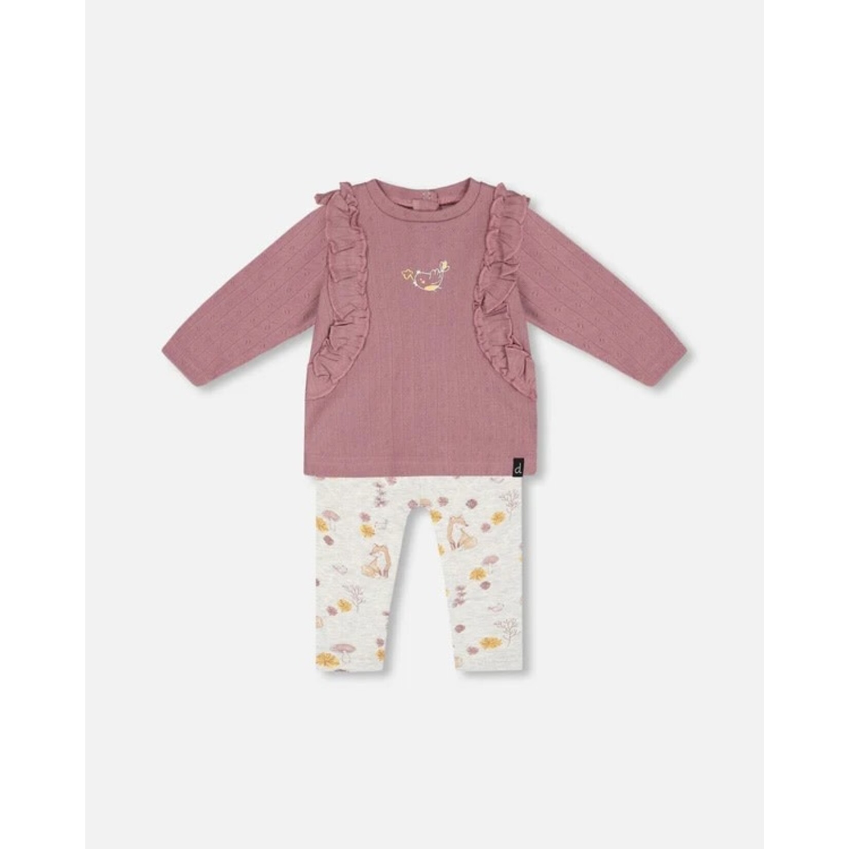 Deux par Deux DEUX PAR DEUX - Pink pointelle top and beige heather fox print leggings set in organic cotton