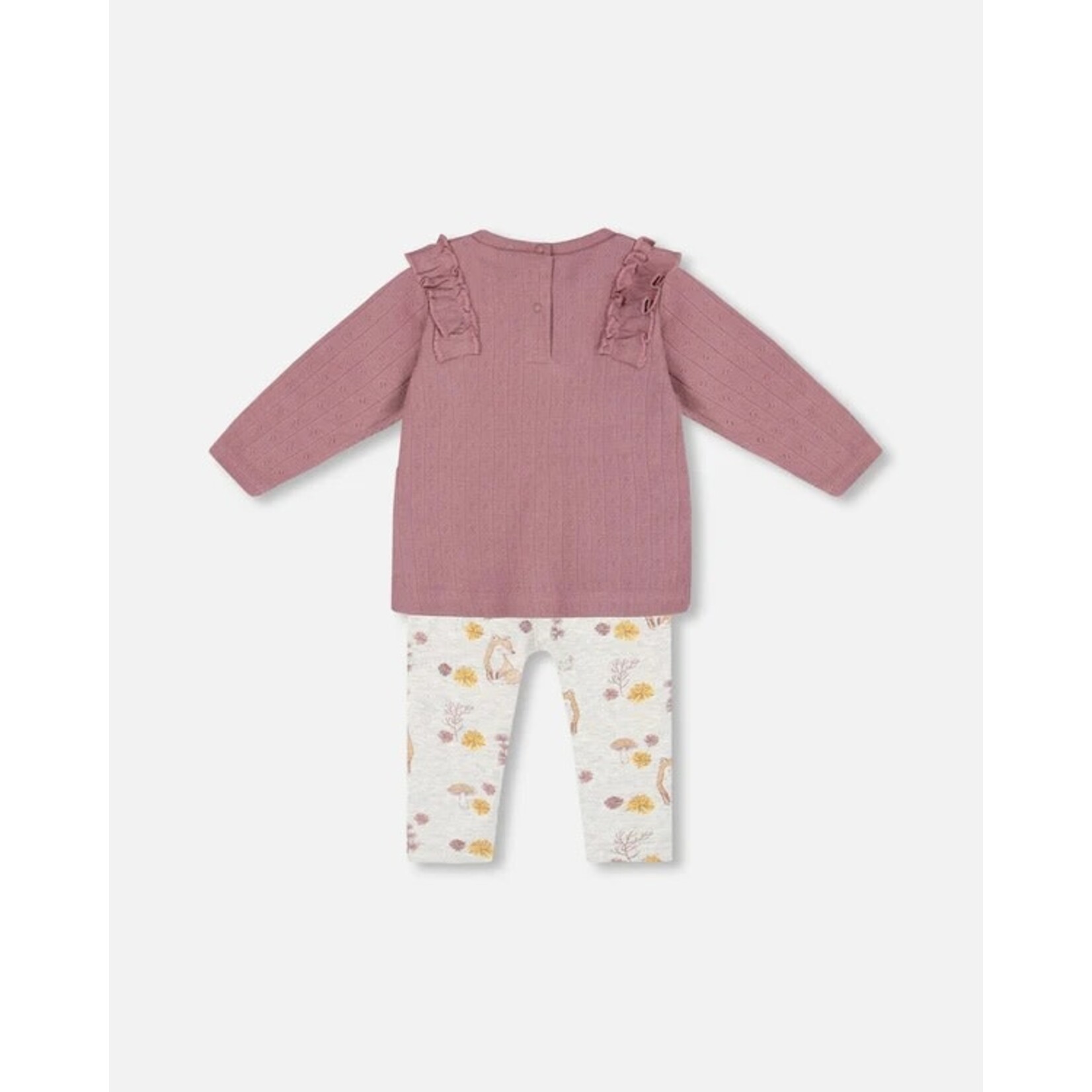 Deux par Deux DEUX PAR DEUX - Ensemble haut en pointelle rose et legging beige chiné imprimé renards en coton biologique